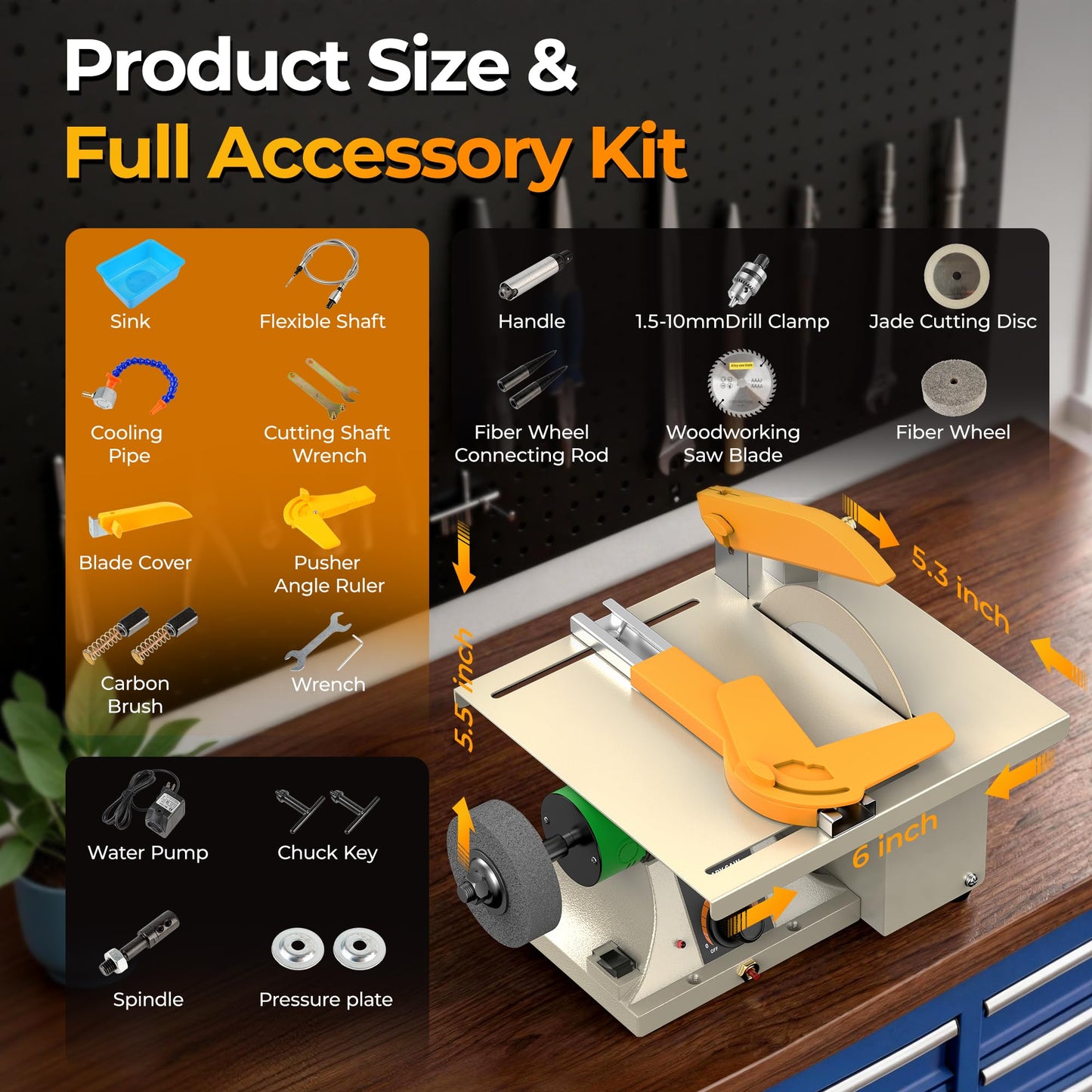 LLBWACT 350W Lapidary Saw Benchtop Cutting&Engraving Machine,Variable Speed 0-10000 RPM with Water Cooling,Complete Kit for Wood Acrylic Stone Metal,Includes Diamond Blades,Flex Shaft,Polishing Wheels