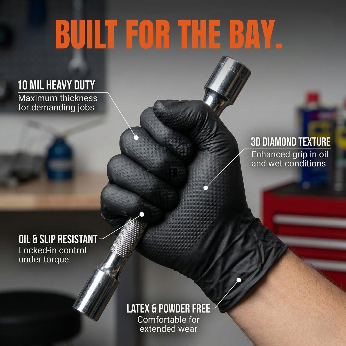 HEAVY DUTY 10 Mil Black 3D Diamond Texture Nitrile Disposable Gloves, 1000 Count Bulk, Food Safe Mechanic Gloves with Raised Diamond Grip, Latex Free, Powder Free, Mechanic Grade, Industrial Strength