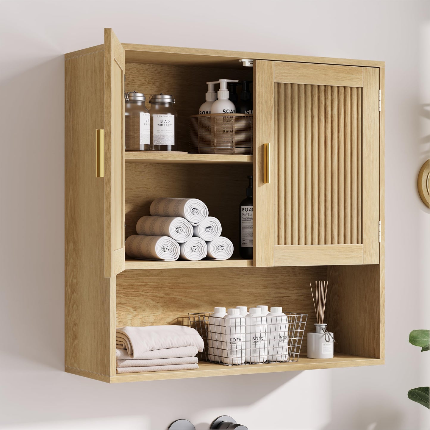 Smuxee Bathroom Cabinet Wall Mounted, Wooden Medicine Cabinet with Fluted Doors & Adjustable Shelf, Bathroom Cabinet for Bath Room, Living Room, Laundry Room