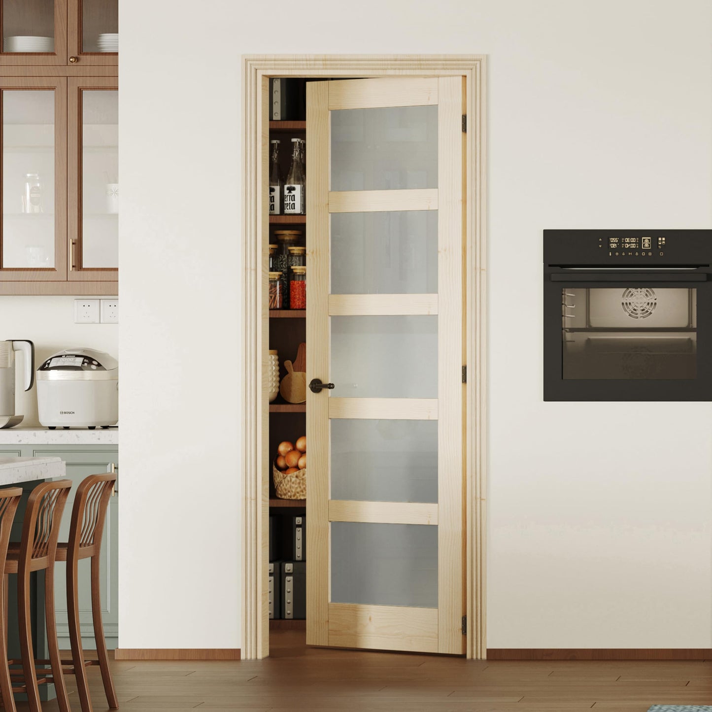 Lakenyon Prehung Door, Right-Handed, 30" x 80" Interior Door with Jamb Kit, 5-Panel Frosted Glass, Ready to Stain, Ideal for Bathroom, Pantry & Laundry Room, Pine Wood