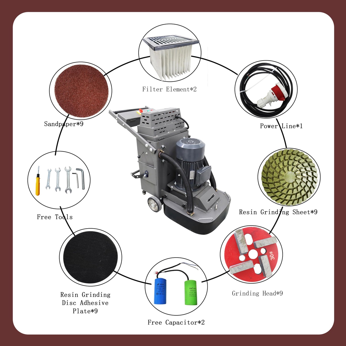 LGXEnzhuo Electric Floor Grinder Wet Dry Concrete Polisher 9 Head Hand-Push Grinding Machine for Cement Surfaces Refurbishing 40L Vacuum Dust Collector 220V 7.5kw Two Fans