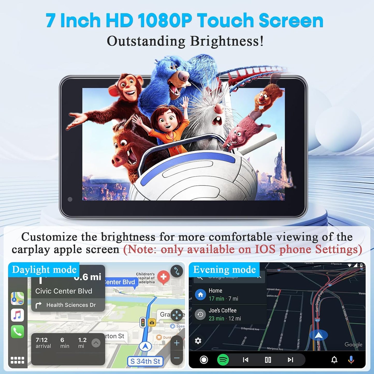 Befumly 3-Min 7 Inch 1080P Commuters Easy Install Portable Wireless Carplay Screen: Plug-Play Support Apple CarPlay