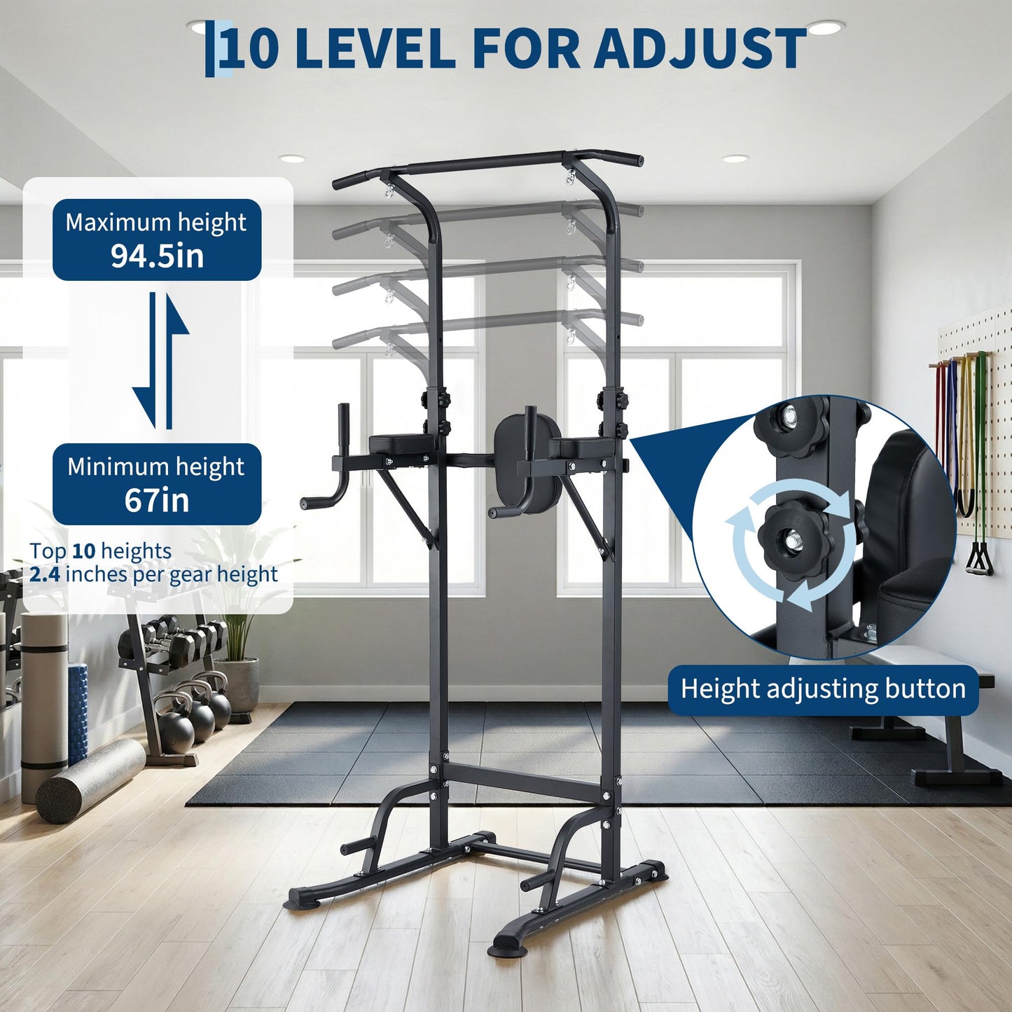 COZONY Adjustable Power Tower Pull Up & Dip Station – Multifunction Strength Training Equipment – 880LBS Capacity – Space-Saving Standalone Chin Up Bar – Black Color