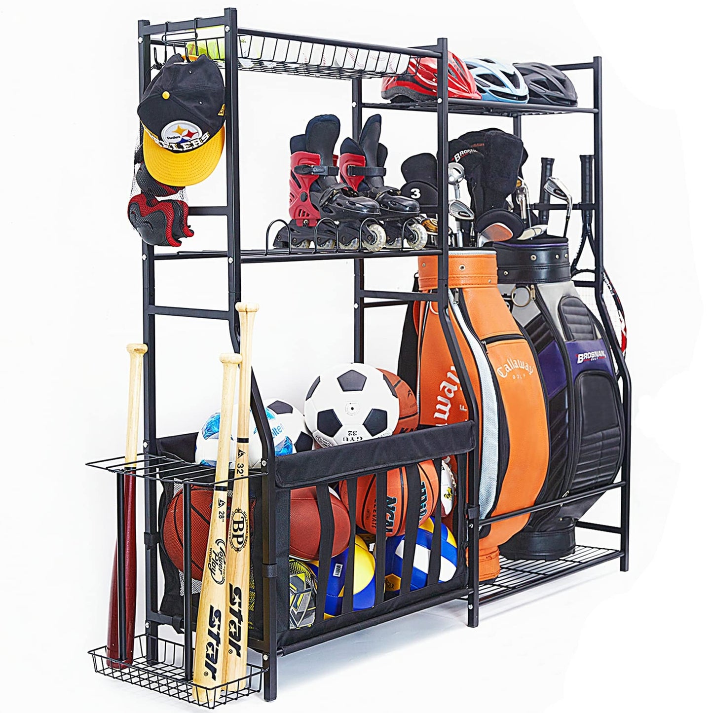 WALMANN Garage Sports Equipment Organizer, Golf Bag Stand for Garage Ball Storage Rack Indoor/Outdoor Kids Toys Storage Organizer Bins, Ball Holder with Baskets