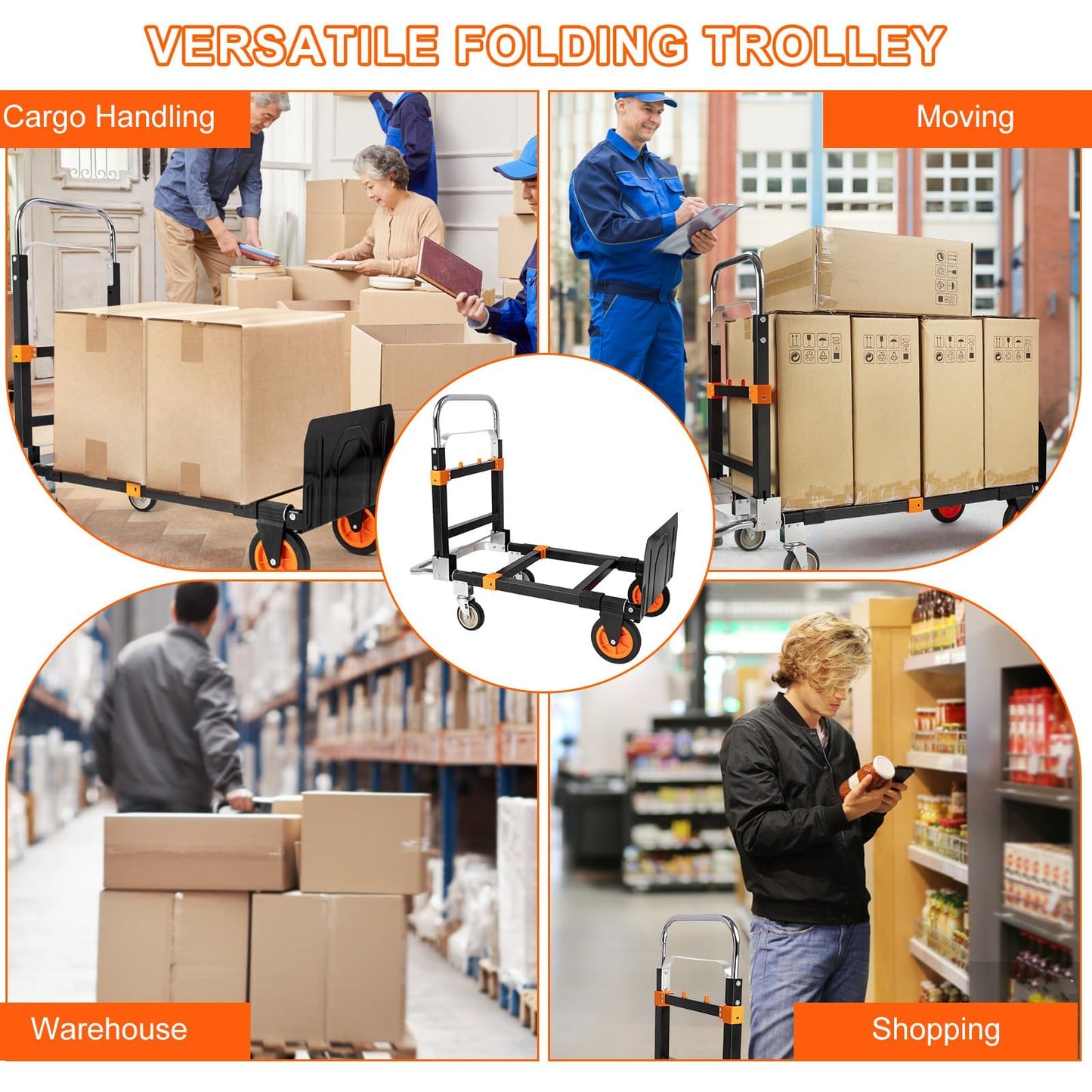 3-in-1 Aluminum Hand Truck Dolly, 660 lbs Heavy Duty Folding Trolley with Universal Wheels, Collapsible Platform Truck with Tie Down Straps for Warehouse, Supermarket, Office