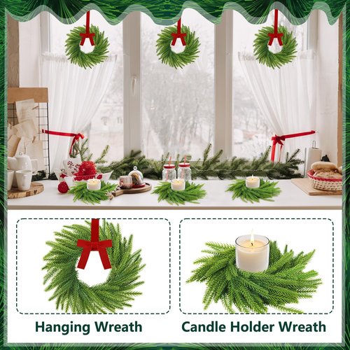6 Pcs Mini Christmas Wreaths for Kitchen Cabinet, 7.87" Small Christmas Wreath with Ribbon Bows, Norfolk Pine Candle Ring Holder for Table Centerpiece Window Chair Wall Decors