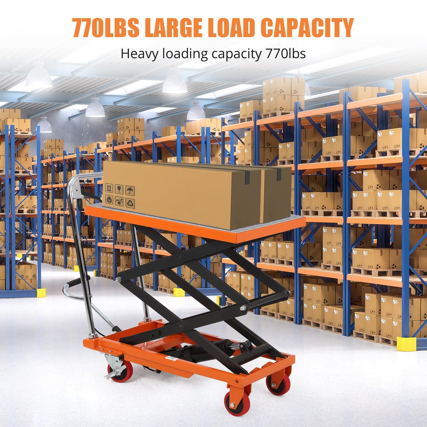 EliteEdge Hydraulic Scissor Lift Table, 770LBS Capacity Industrial Lift Cart with Anti-Slip Platform, Adjustable Mobile Elevating Workbench 12-59 inch, 4 Wheels, Orange