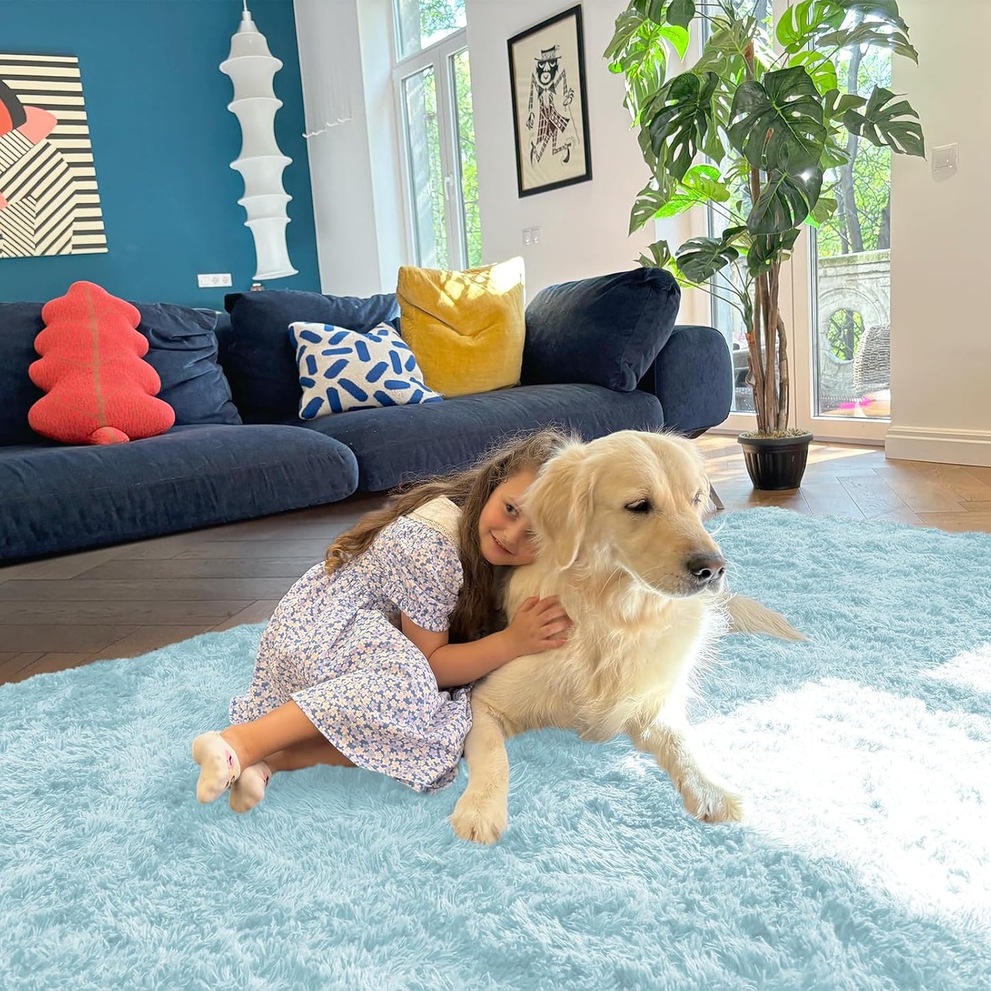 OLANLY Soft Fluffy Shaggy Runner Rugs - Machine Washable Indoor Carpet for Hallway & Bedroom | Light Blue 2x6