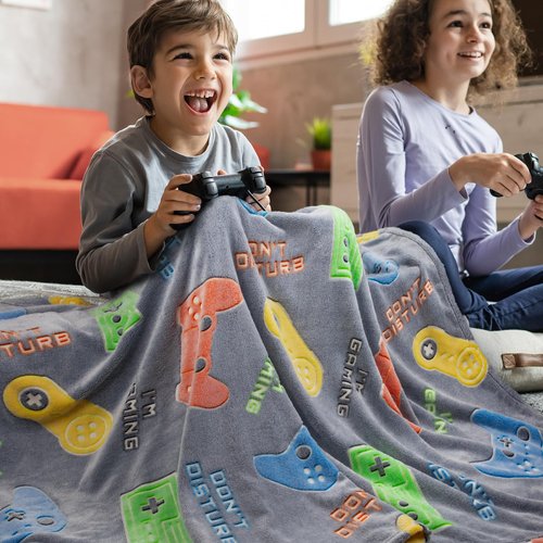 Glow in The Dark Gamer Gaming Blanket Gifts Toys for Kids Boys 1-14 Years Old Birthday Christmas Easter Gift Toddler Teens Boyfriends Game Controller Presents Throw Game Room Decor Grey 50"x 60"