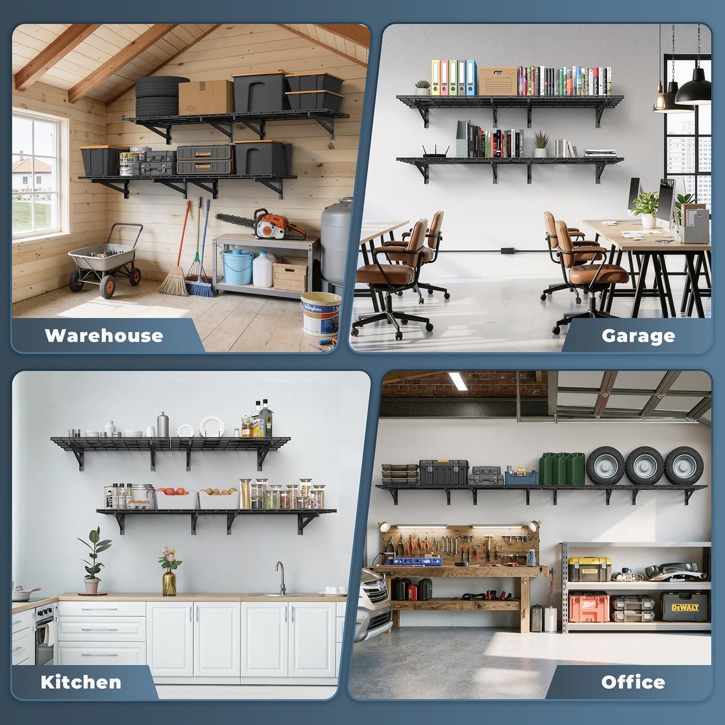 Jusgym 4 Pack Heavy Duty Garage Wall Shelving Set (2x3ft), Wall Mounted Garage Shelves 1400lbs Capacity, 24"x72" Shelf Storage Rack Floating Shelves, Black