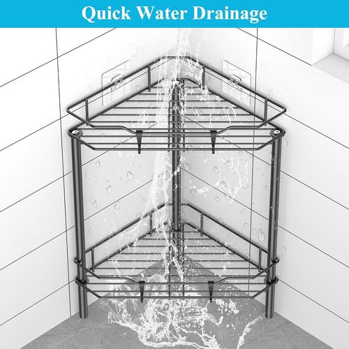 HuggieGems Corner Shower Caddy Organizer - 2 Tier Floor Standing Shelf with Hooks | Black Finish
