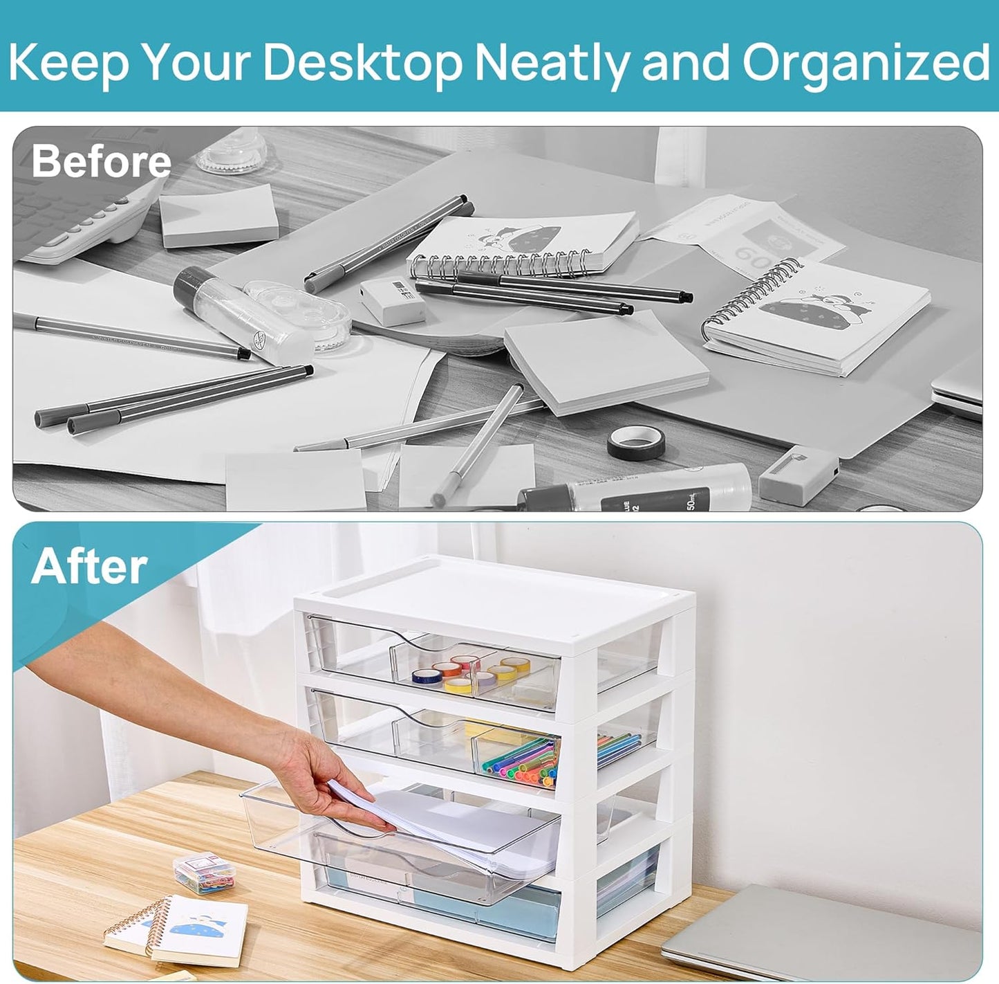 Vtopmart Clear Desk Organizer - 4-Tier Desktop File Organizer with Drawers for Office Supplies