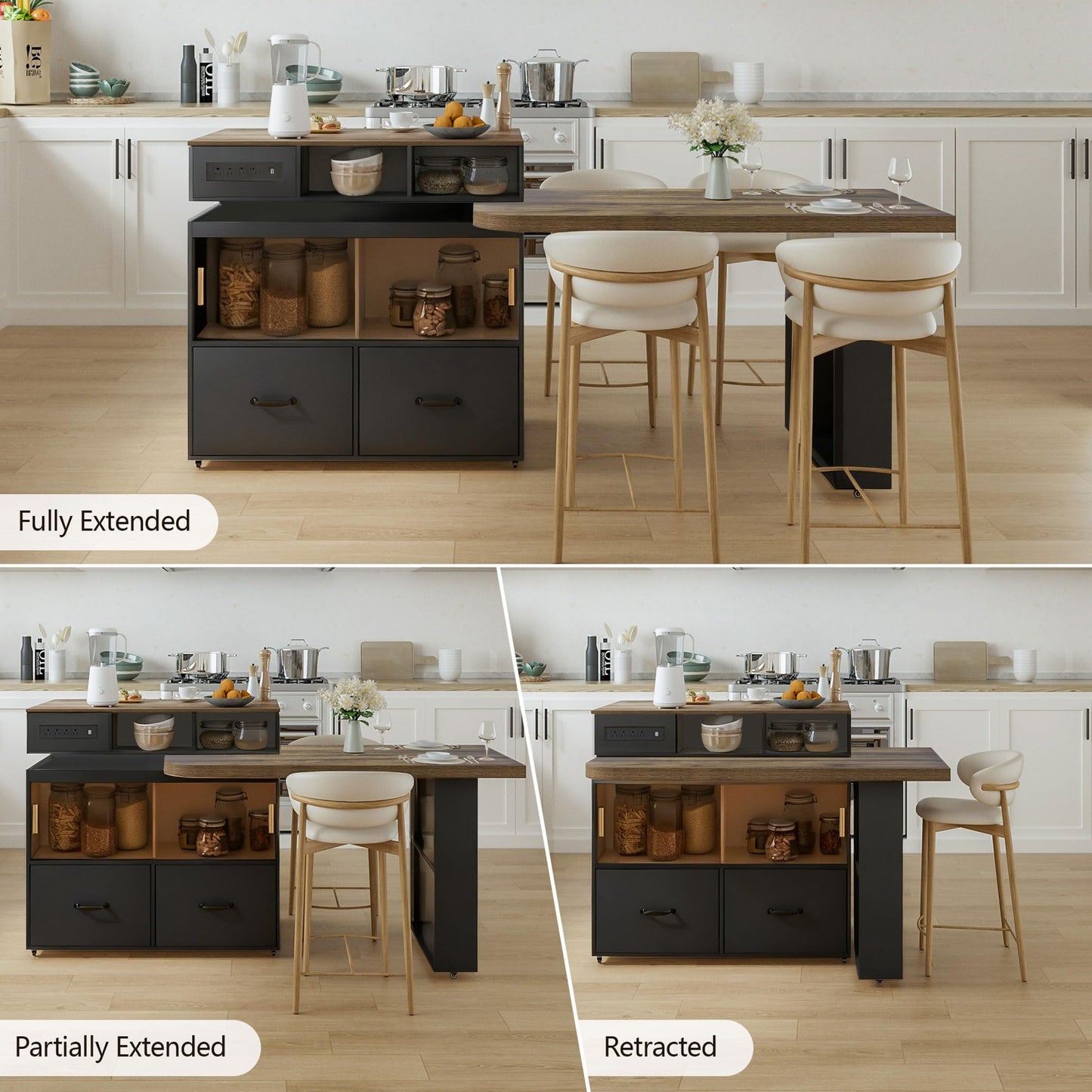 Kitchen Island with Extendable Table,Rolling Kitchen Table with Storage & Seating,Built in Power Outlet, Kitchen Island with Lockable Wheels for Kitchen Island Table with Drawers Rotatable Table Black