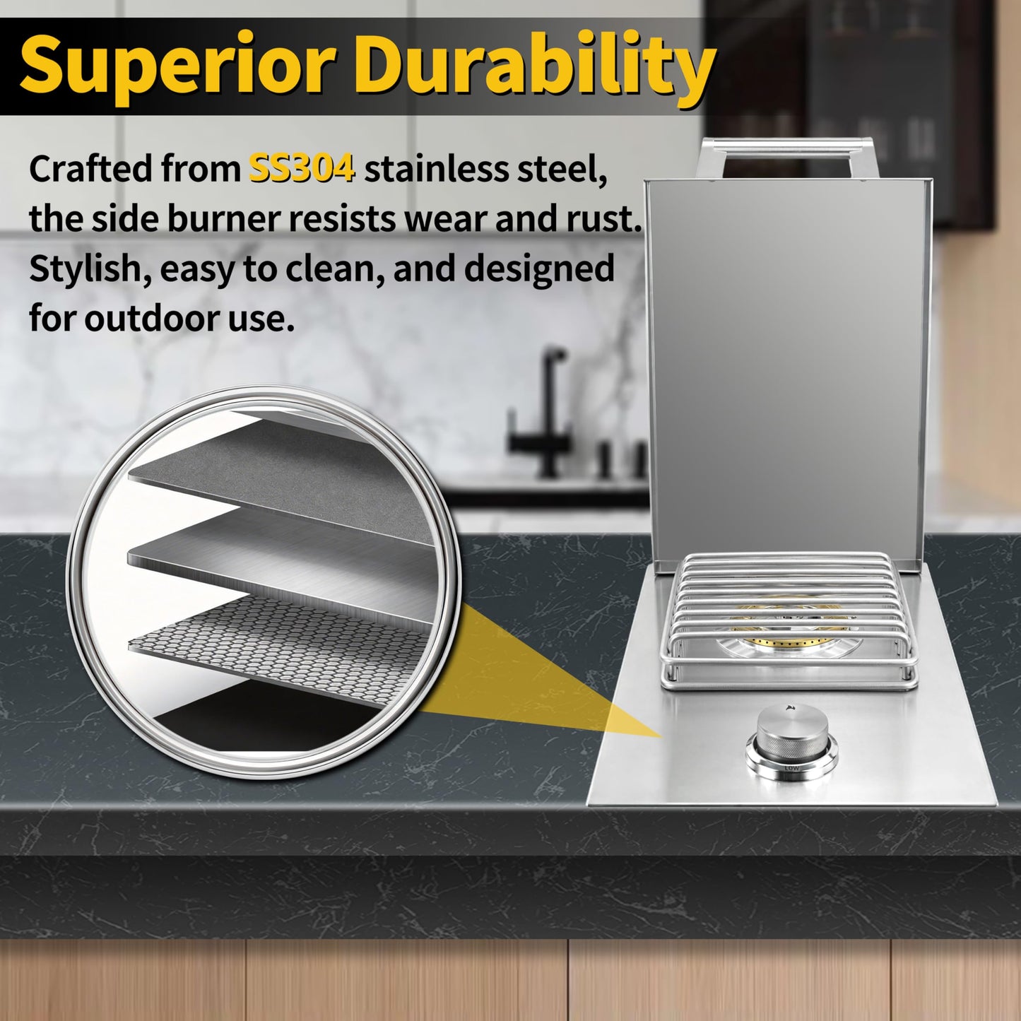Built-in Single Grilling Side Burner for Outdoor Grill, Heavy-Duty 304 Stainless Steel, Drop-in Side Burner With Cover, 15,000BTU Propane & Natural Gas, Single Side Burner for Family Patio Parties