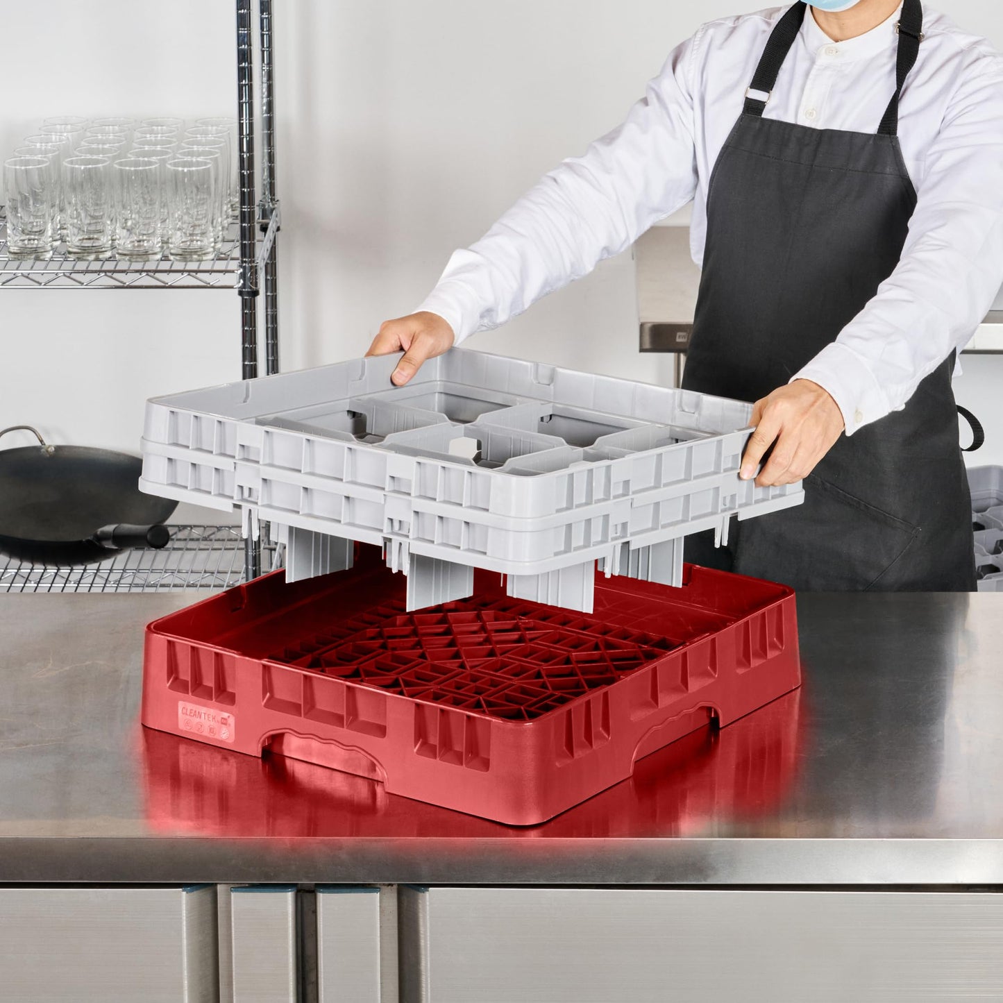 Restaurantware Clean Tek Professional 9 Compartment Glass Rack,1 Heavy Duty Durable Tray, With 1 Full Drop Extender and 1 Half Drop Extender, Red Glass Holder For Restaurants, Bars, and Pubs