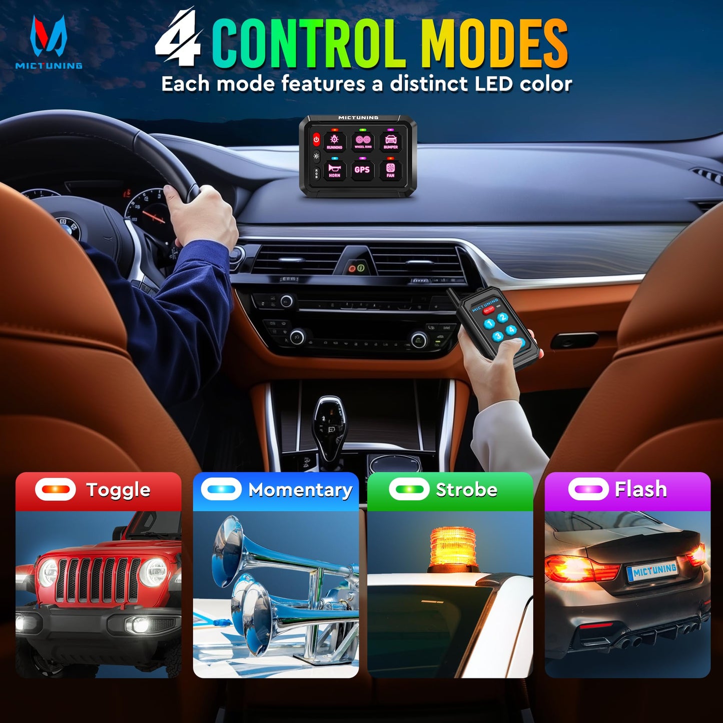 MICTUNING P1Y RGB 6 Gang Switch Panel Remote Control Range Up to 230FT, Multifunction Toggle Momentary Strobe Pulsed Switch Pod Backlit Off 6 Level Brightness Circuit System Box for Car UTV Offroad