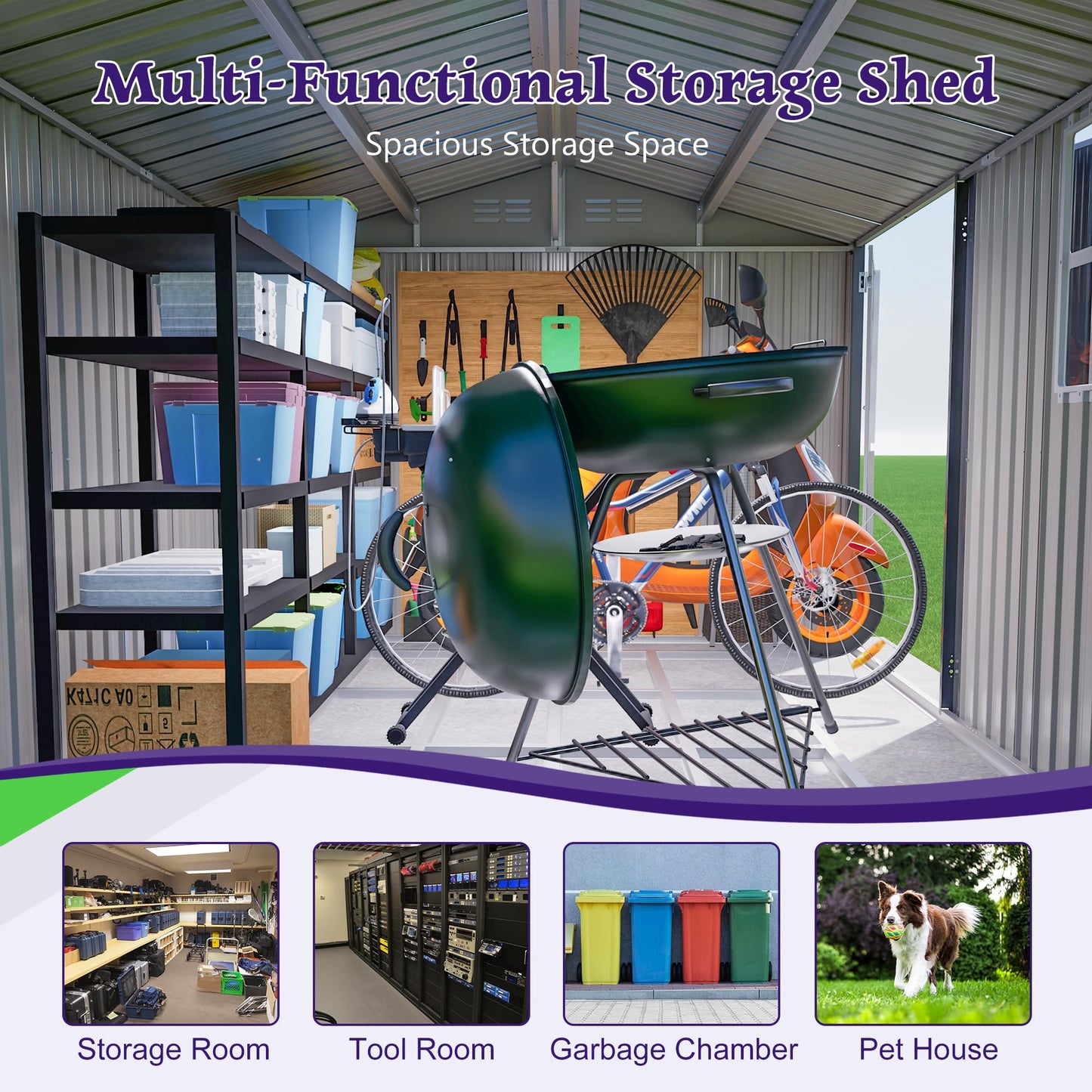 10'x8' Galvanized Steel Storage Shed with Raised Floor Base, Side Window & Top Vents, Lockable Double French Door Outdoor Garden Tool Shed, Gray