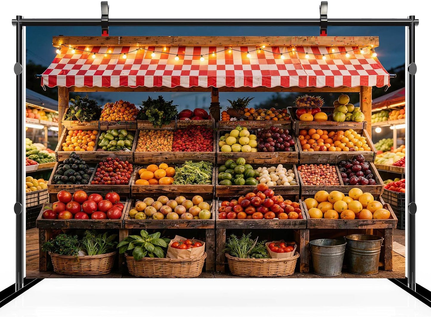 CHNYWORK 8x8ft Farmers Market Fruit Stall Photography Backdrop Red White Checkered Awning Fresh Produce Wooden Crates