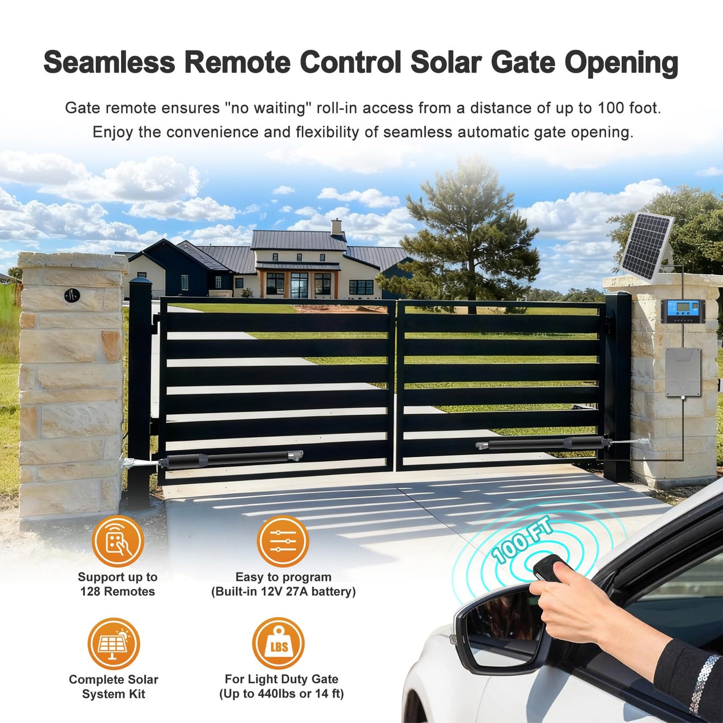 Gyxel C01-L Solar Gate Openers with Batteries & Solar Panel for Dual Swing Gate Up to 14ft Long or 440lb Per Arm, Automatic Gate Openers for Driveway Dual Swing Gate with Long-Range Gate Opener Remote