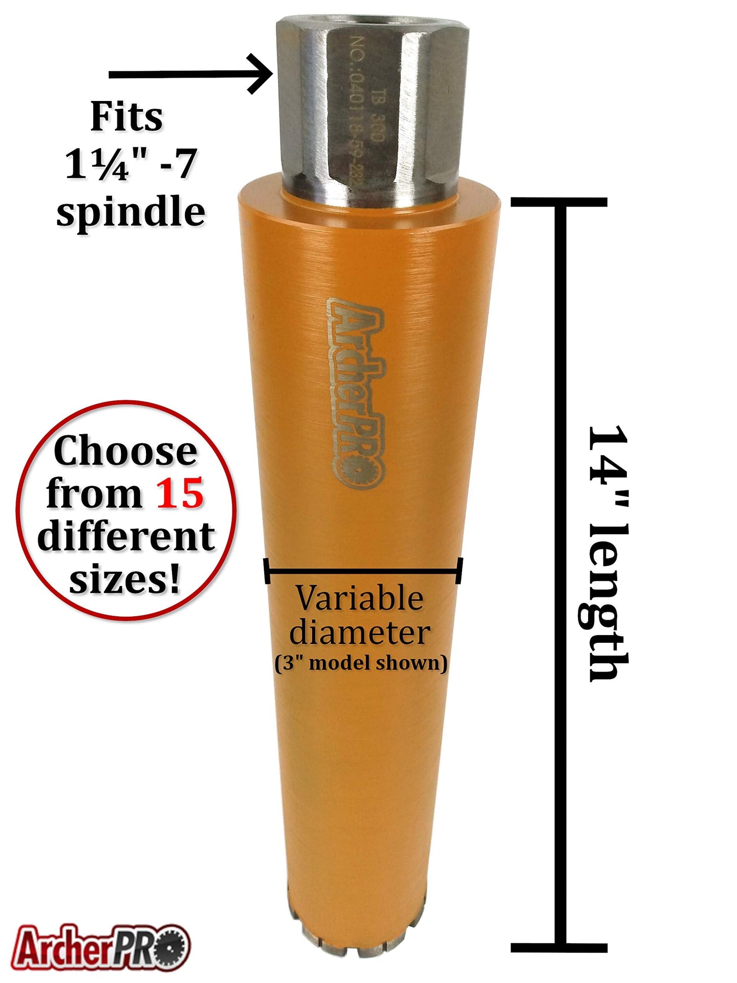 Archer PRO 8” in. Diamond Turbo Core Drill Bit/Hole Saw for Concrete Drilling and Masonry. 14” Drill Depth, 1-1/4” in. -7 Arbor for Core Drill Stand Rig, Dry and Wet Use