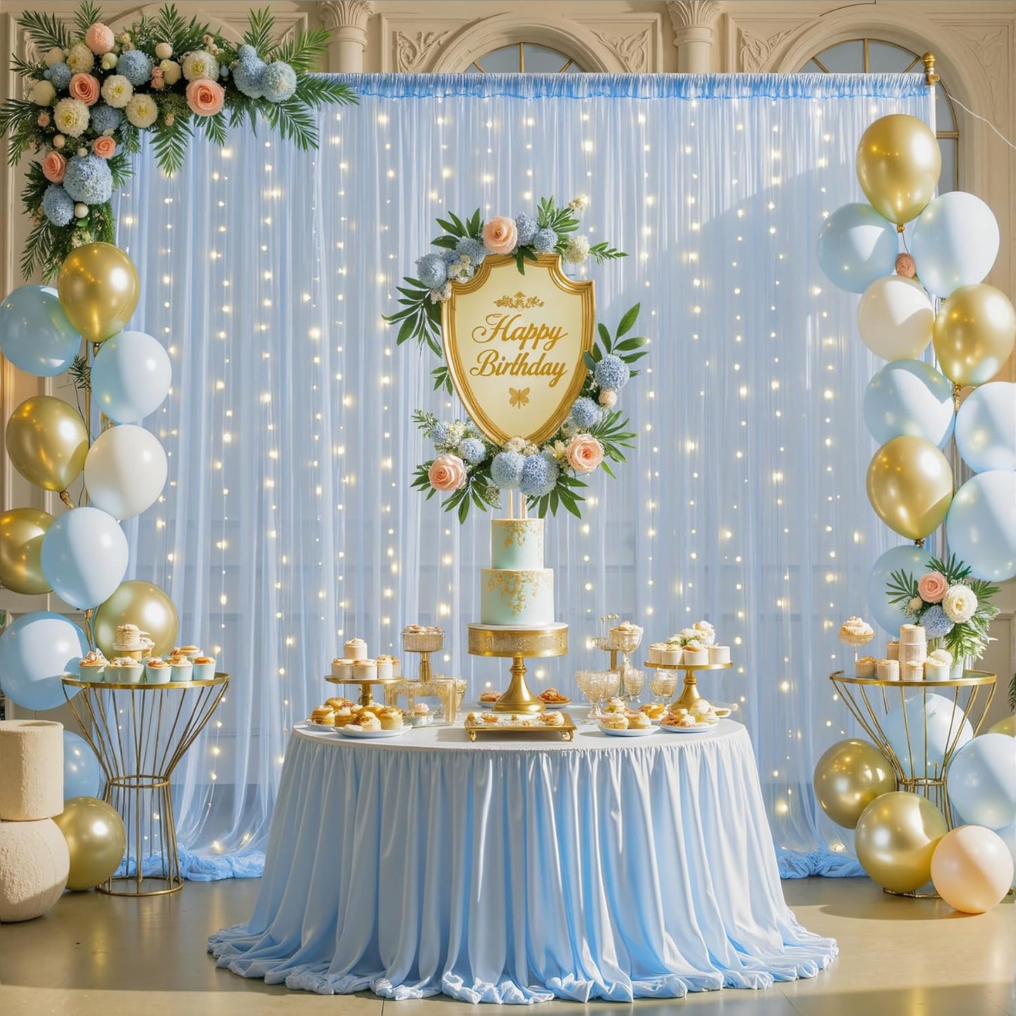 Suppromo 10ft 10ft x Baby Blue Tulle Photo Backdrop Curtain with Lights String for Parties Wedding Sheer Blue Curtain