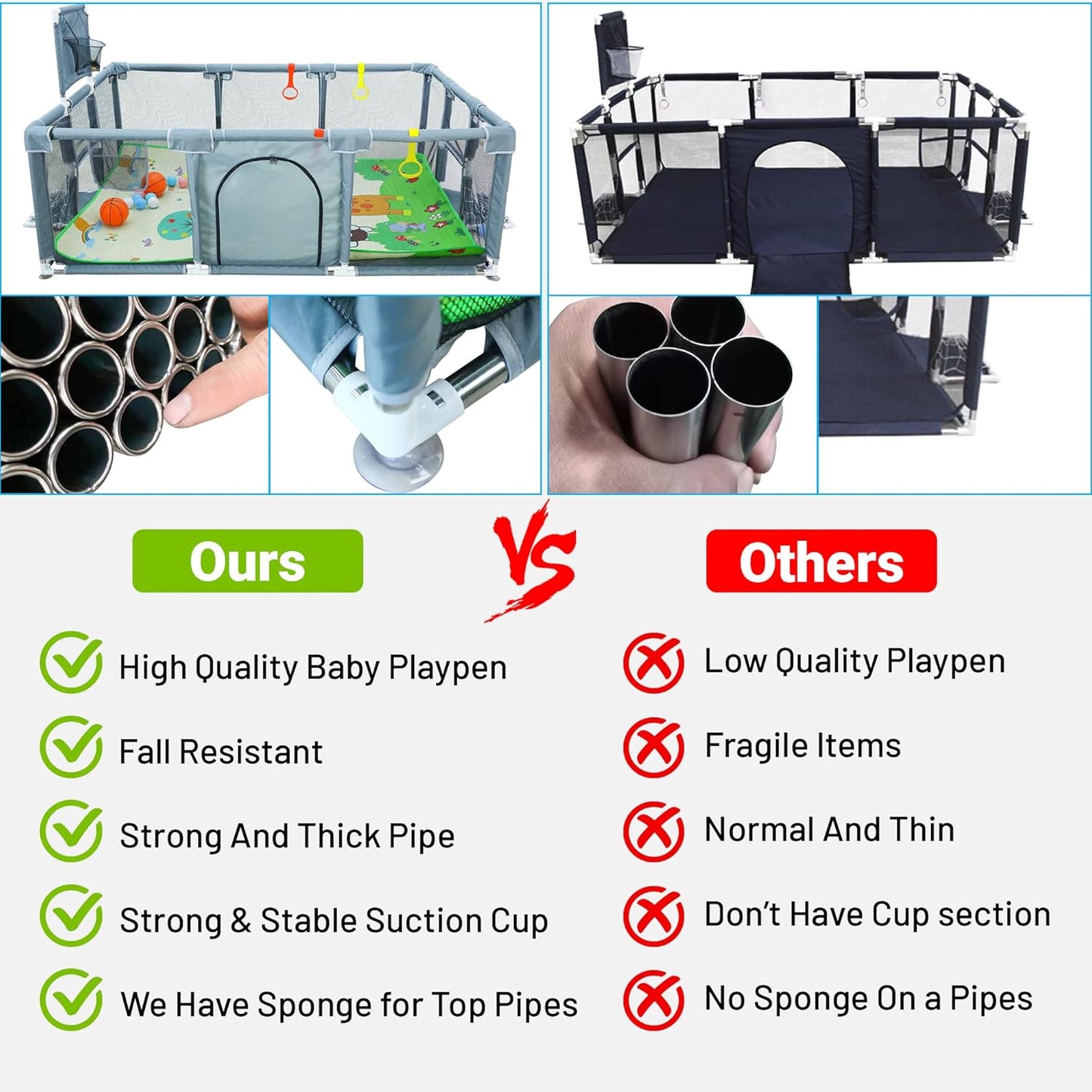 Upgraded Playpen - Enhanced Thick Foldable Mat, Balls, 4 Rings, Storage Bag & Sports Nets - BPA-Free & Safe