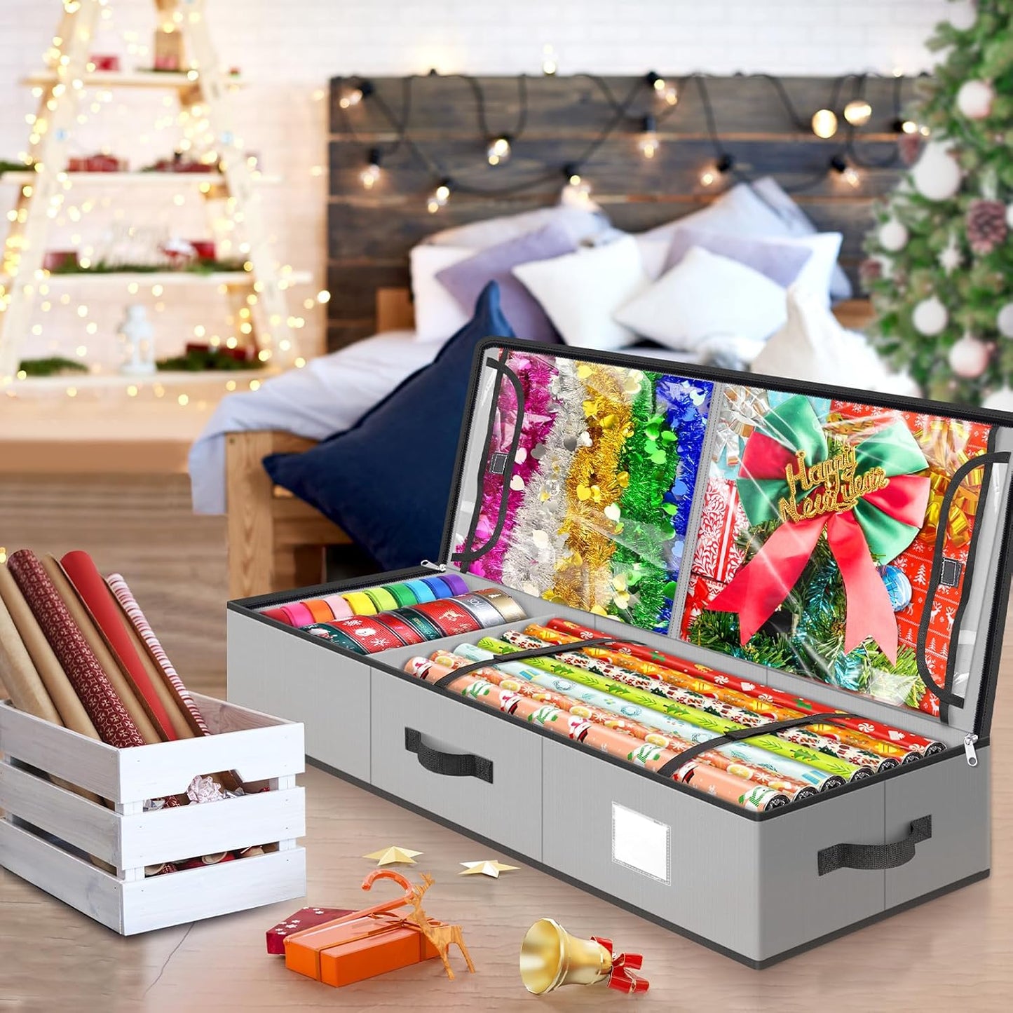 BlessedSeason Wrapping Paper Storage Organizer - Holds 40-Inch Rolls with 2 Pockets for Holiday Accessories | Grey