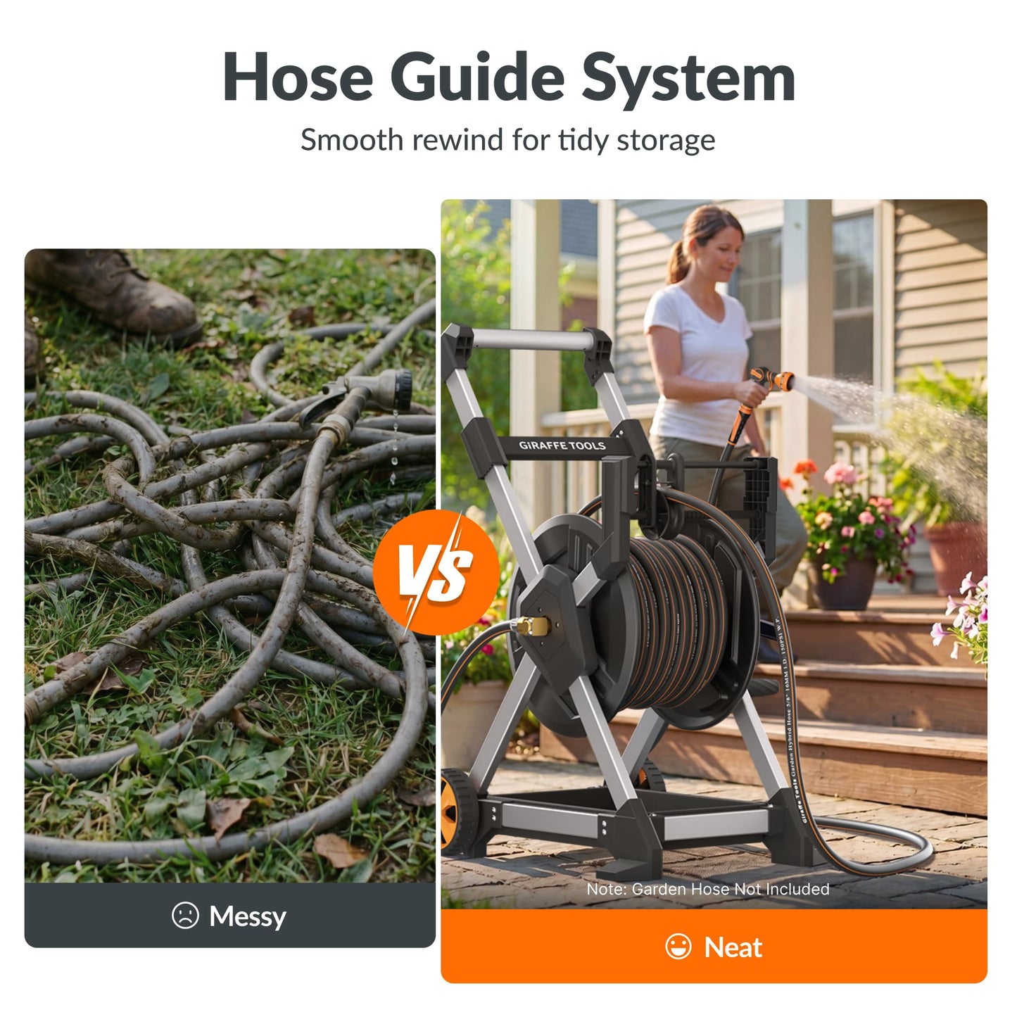 Giraffe Tools Garden Hose Reel Cart, 125FT 5/8" Hose Capacity with Wheels, Heavy Duty Water Hose Reel for Outside, 5ft Leader Hose, Hose Guide Pre-Installed, for Yard Lawn Garage
