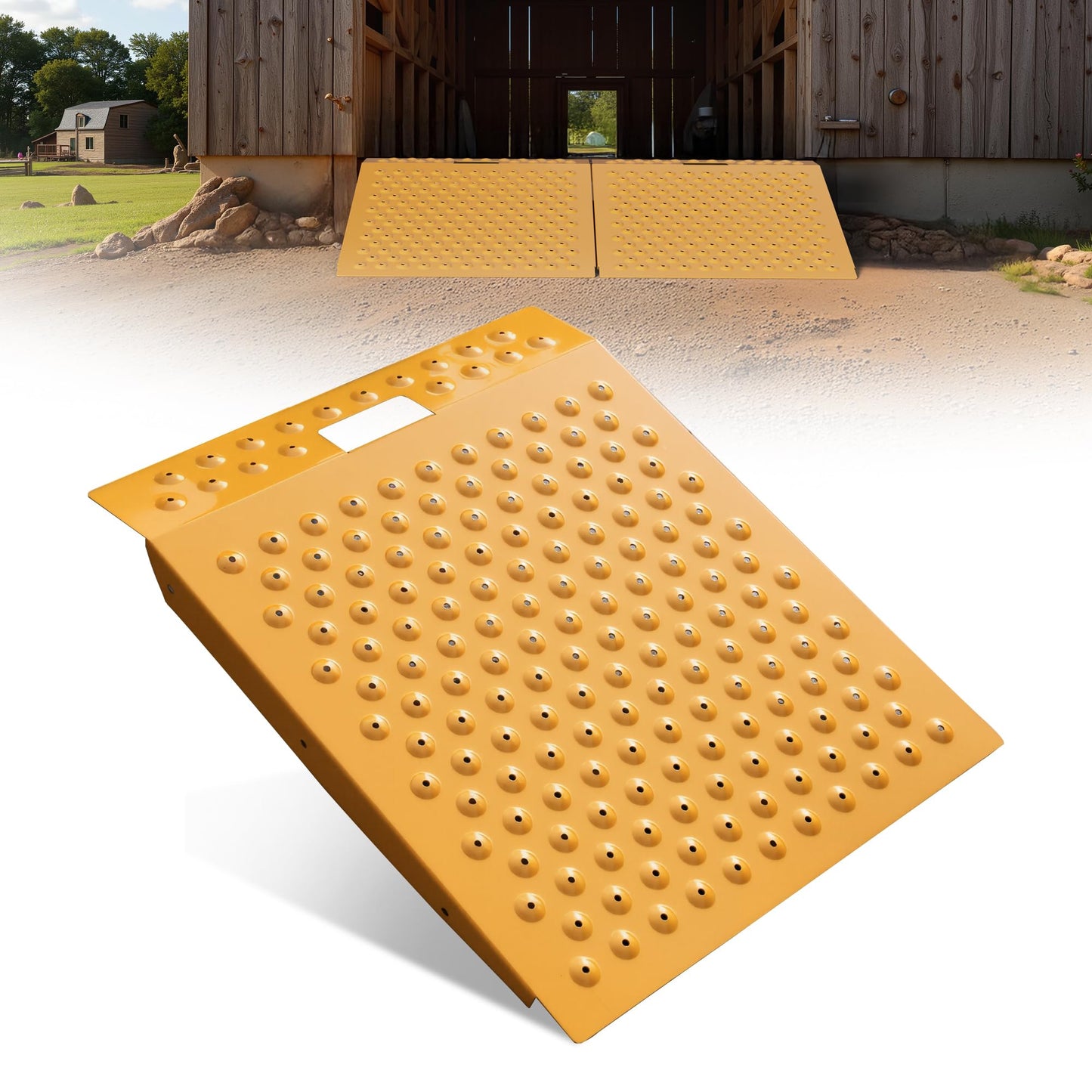VNN 29" x 24" Shed Ramp for Riding Mower - 750 LB Capacity Shed Ramps, Anti-Slip Punch Plate Ramp for ATV, Motorcycles, Garages & Barns (1PC, Yellow, Alloy)