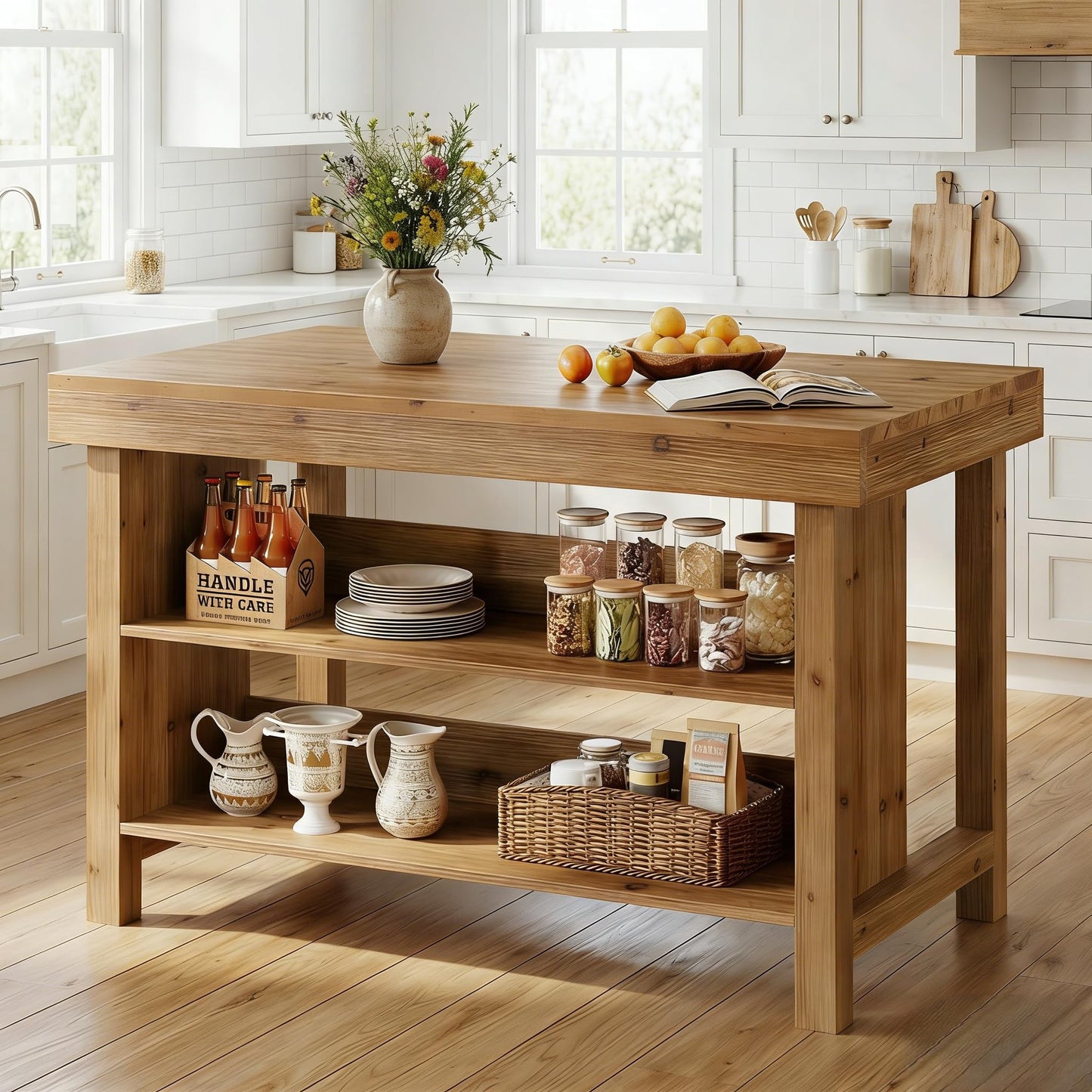 TRIBEWOOD 55" Solid Wood Kitchen Island with Storage, Farmhouse Kitchen Island Table with 3-Tier Open Shelves and Large Countertop for Kitchen, Dining & Living Room, Natural Oak