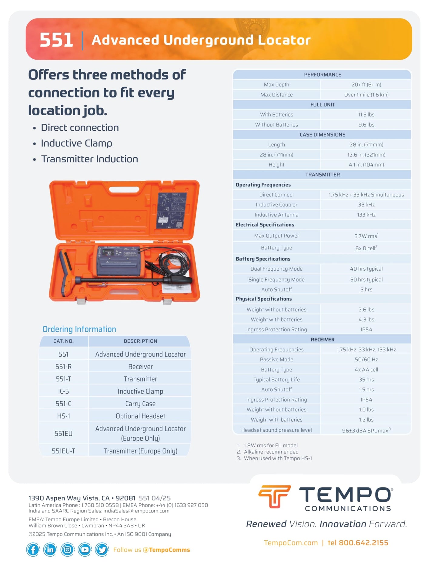 TEMPO 551 Advanced Underground Utility Locator, IP54-rated Underground Wire Locator, Buried Wire Locator, Dual-Frequency Underground Wire Tracer