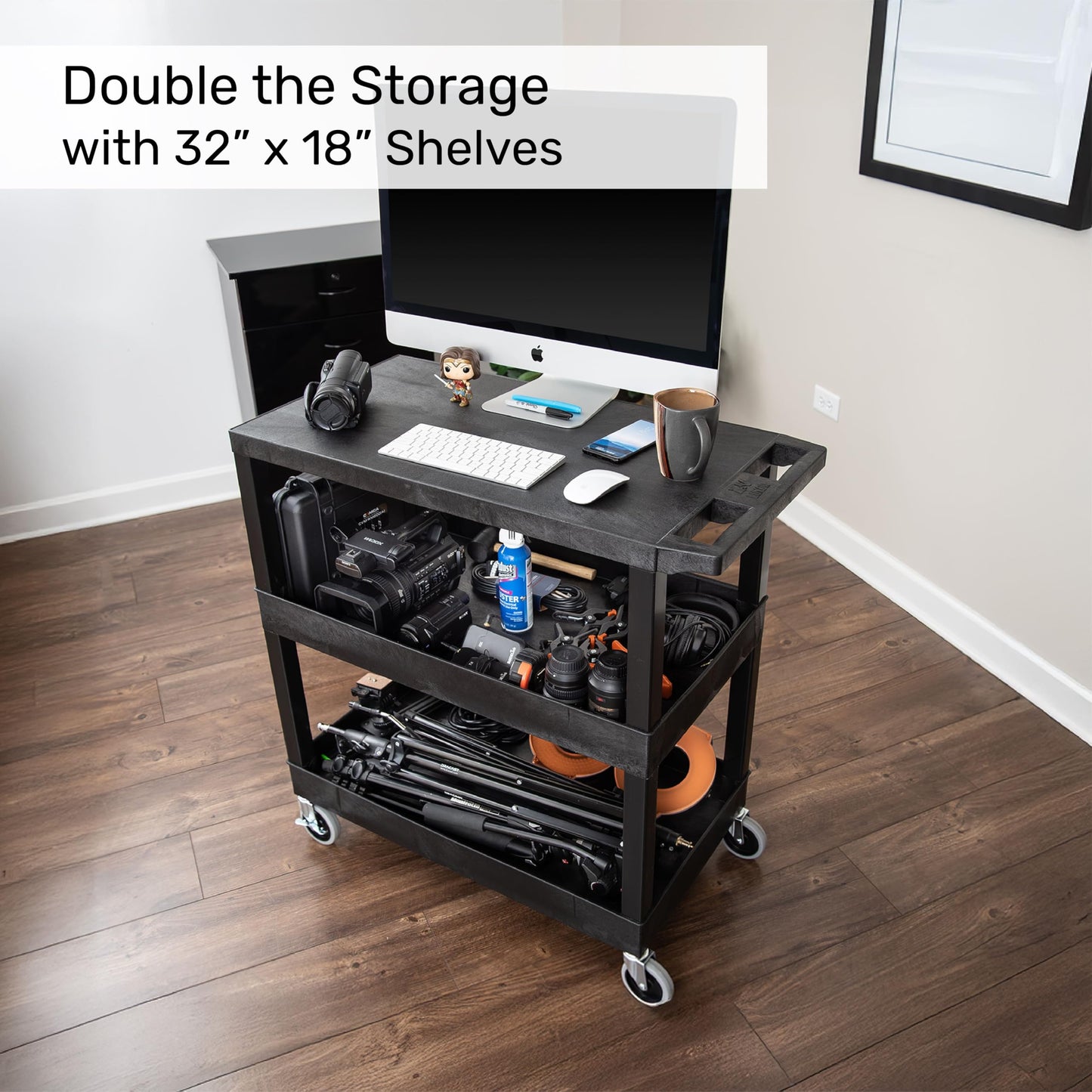 Tubstr 3-Tier Rolling Utility Cart 2-Pack | Each Supports up to 300 lbs. Heavy-Duty Shelf Cart for Garage Storage, Office Spaces, & Kitchen Use | Durable Tool Cart with Locking Wheels (Black, 32 x 18)