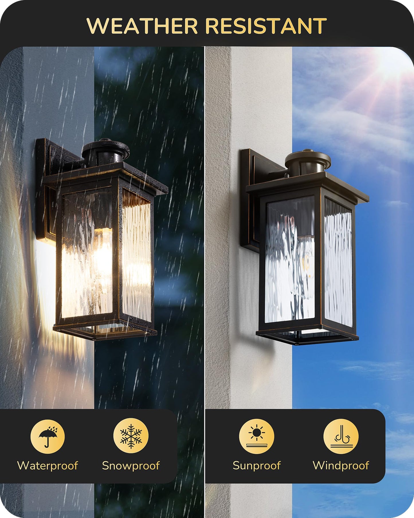 EDISHINE Motion Sensor Outdoor Light Fixtures, Dusk to Dawn, Waterproof Wall Lights, Black and Gold, Model HOWL07, 2 Pack