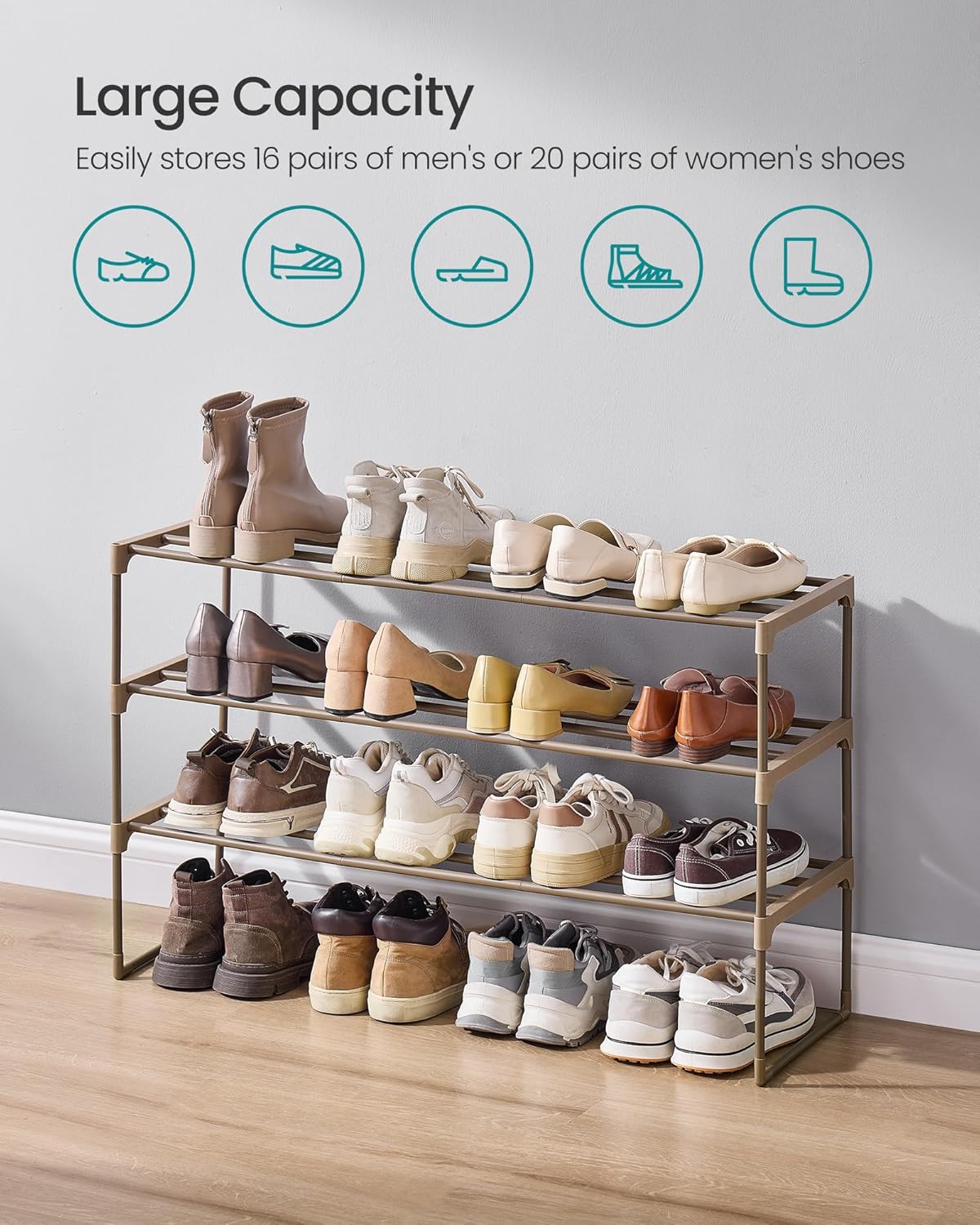 SONGMICS 3-Tier Shoe Rack - Stackable Metal Organizer for 16-20 Pairs | Walnut Brown, 11.8 x 36.2 x 21.7 Inches