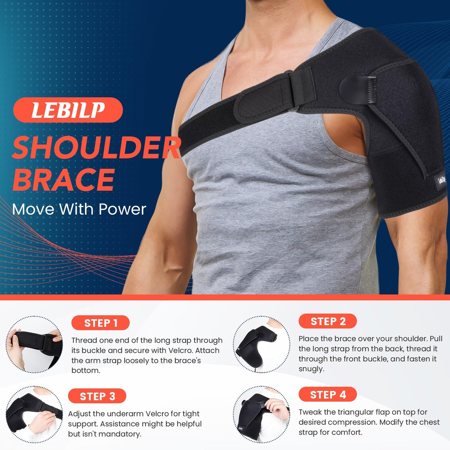 Lebilp Shoulder Brace with Adjustable Compression Sleeve for Rotator Cuff Support & Pain Relief, Hot/Cold Pack Compatible, Breathable Stabilizer with Arm Sling, Fits Left/Right Arm for Men & Women
