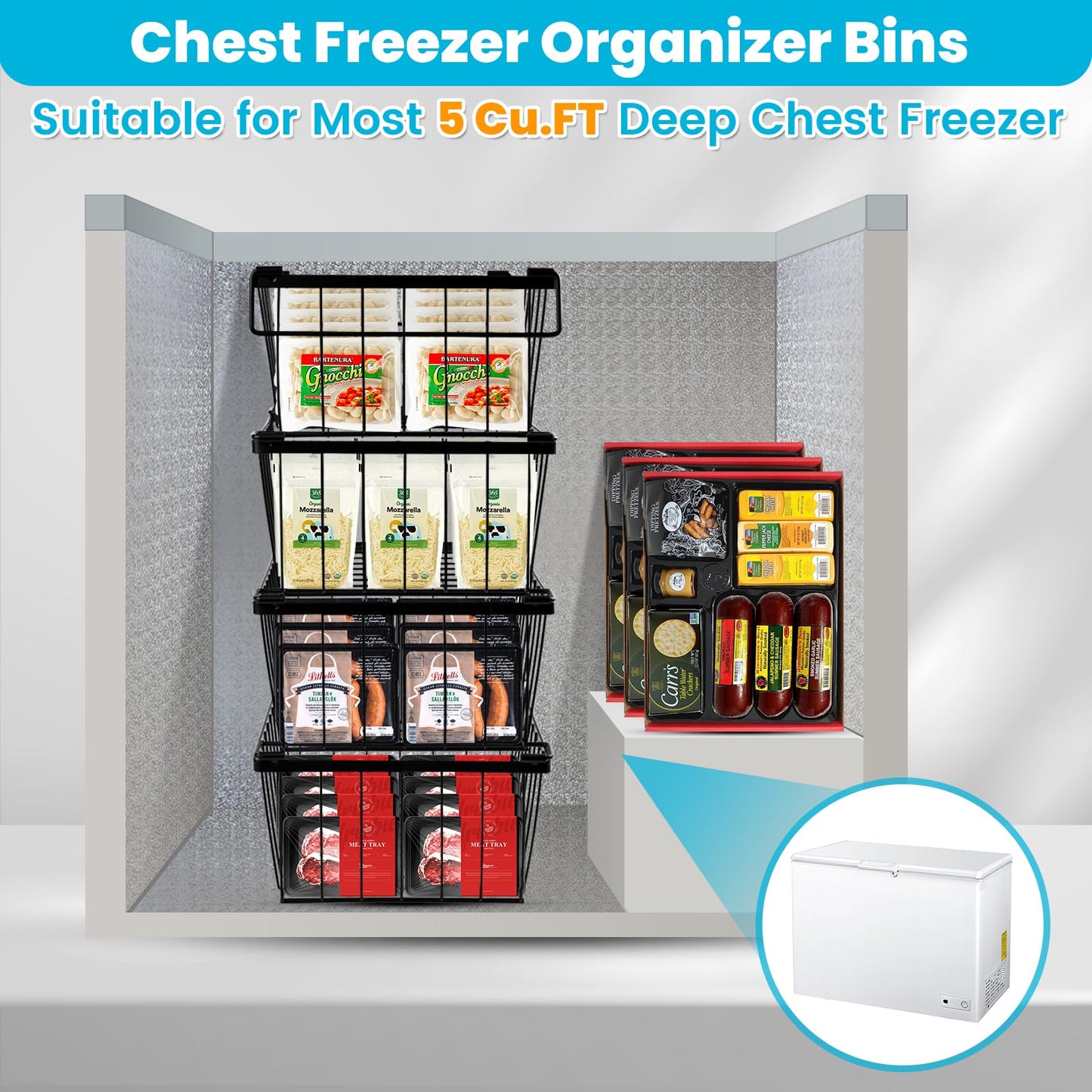 Pateekate Freezer Organizer Bins, 3 Pack Stackable Chest Freezer Organizer Bins for 5 Cu Ft Deep Freezer, Chest Freezer Sort Frozen Meats, Freezer Storage Containers Deep Freezer Organizer Baskets