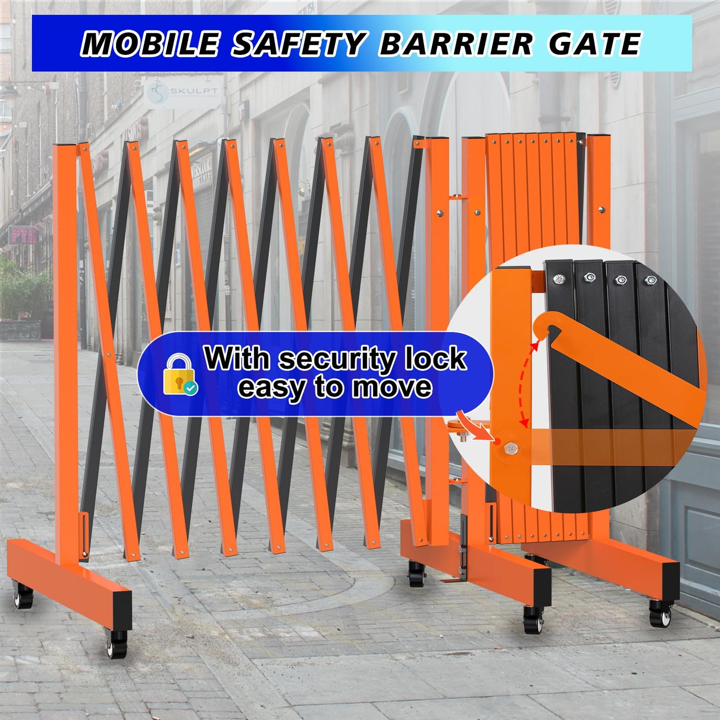 1 Set 16.8FT Industrial Metal Expandable Barricade，Retractable Traffic Fence with Casters, 270° Folding Security Gate, Portable Barricade Gate for Construction Area, Traffic Control, Cordon