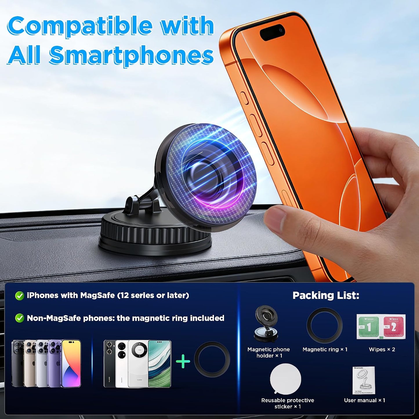 360 N52 Vacuum Magnetic Phone Holder for Car, Adjustable Suction Mount with Magnets, Magsafe Suction Cup Phone Mount