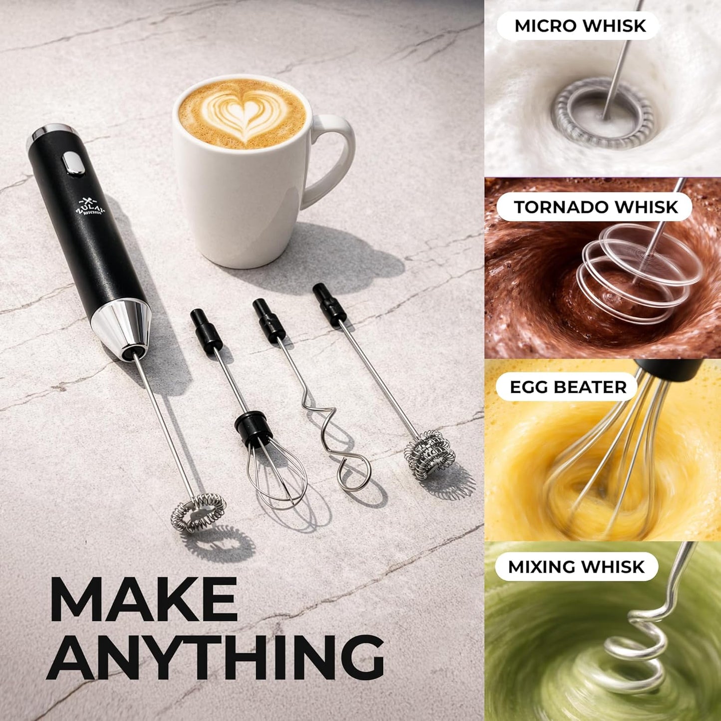Zulay Kitchen Rechargeable Milk Frother - Handheld Electric Mixer with 3 Whisk Attachments | USB-C Charging, Lasts 6 Months