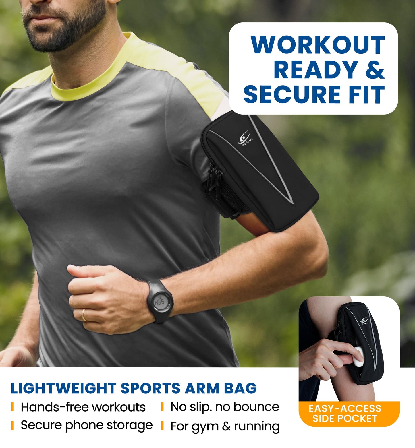 HiRui Cell Phone Holder Arm Bag & Wrist Bag for Phone, Sports Running Armband for Gym & Cycling, Compatible with iPhone 17/17Pro/Plus/16/15 Samsung Galaxy All Phones, Reflective & Adjustable (Black)