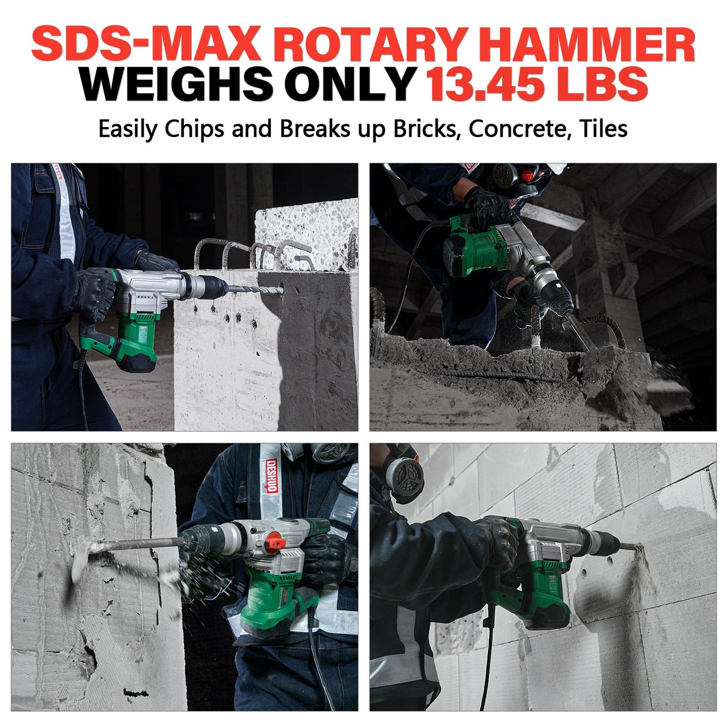 Deshuo 1-1/2" SDS-Max Heavy Duty Rotary Hammer Drill,12.5 Amp 3 Functions Corded Vibration Control Demolition Rotomartillo with Safety Clutch for Concrete,Includes 1 Drill Bits,2 Chisels,Carrying Case