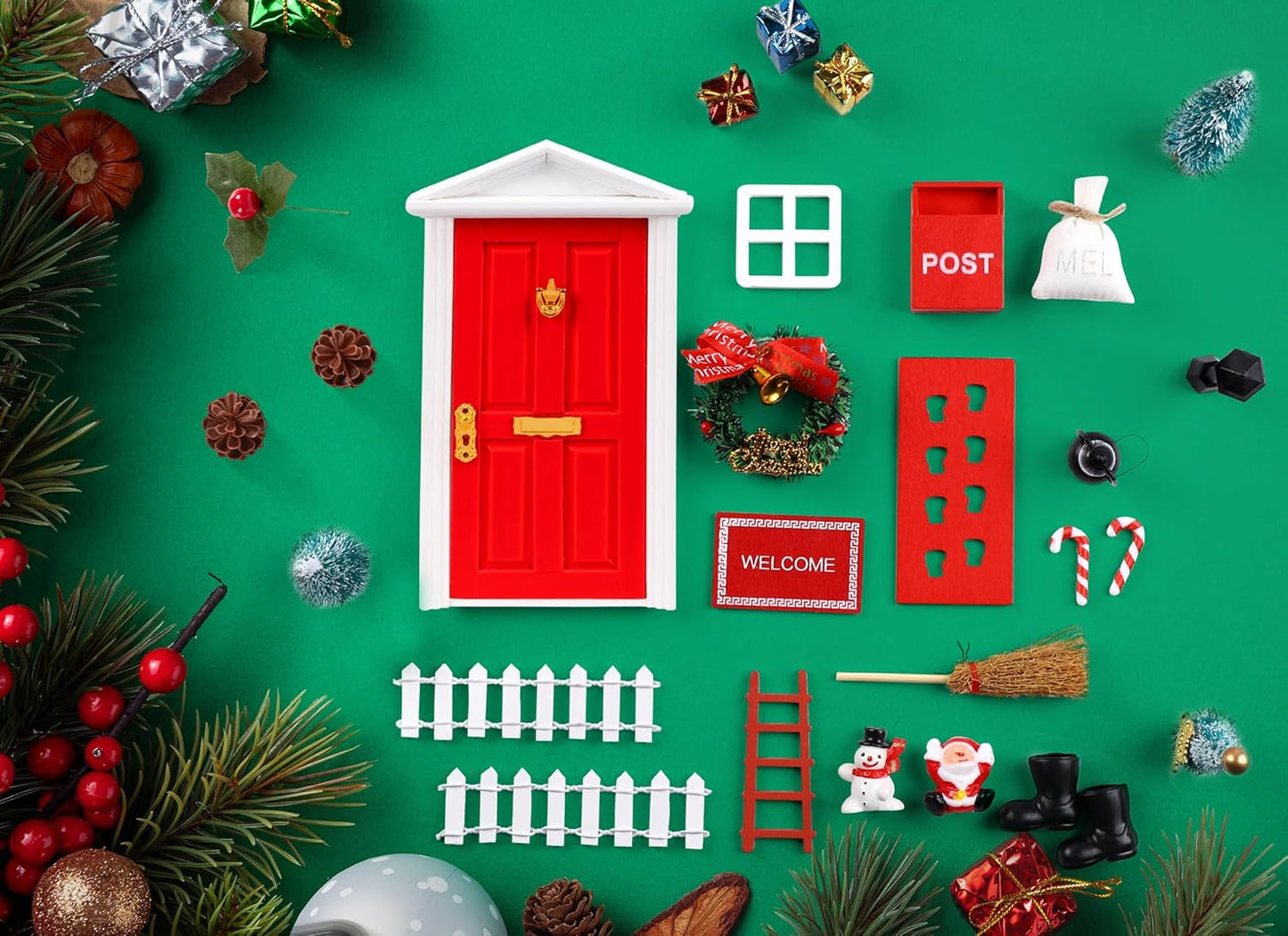 Skiennix Christmas Elf Fairy Door Kit - 31Pcs Miniature Wooden Garden Decorations (Red)