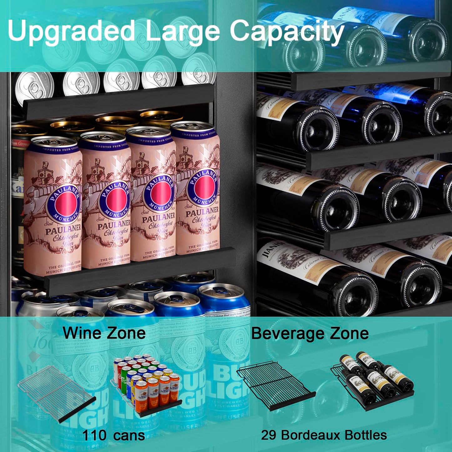Velieta 30'' Wine and Beverage Refrigerator, Upgrade Dual Zone Wine Cooler, 30 Inch Wine beverage Fridge Built in or Freestanding Under Counter Large Capacity Glass Door Advanced Cooling System,Black