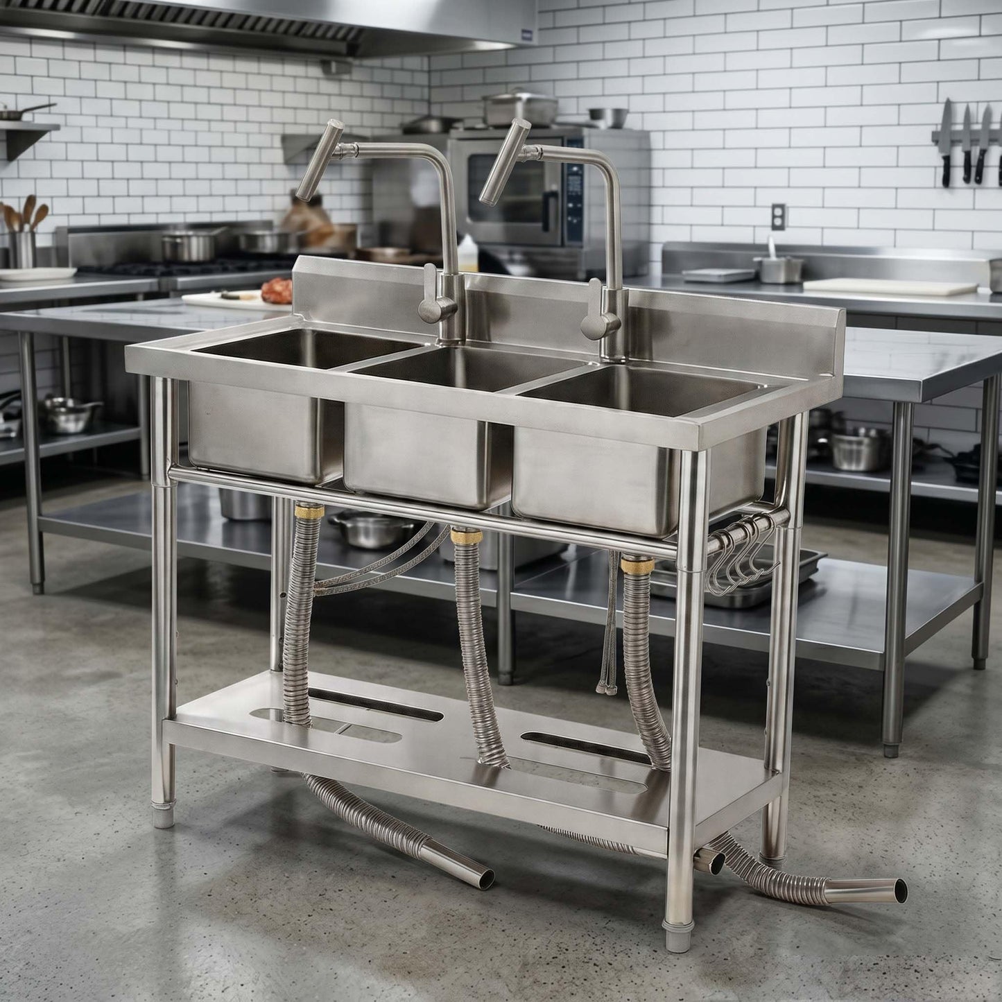 Utility Sink Freestanding Three Bowl Stainless Steel Sink, 39 x 18 x 36 Inch, No Drawer Stand and Two T-Shaped Faucets, Laundry Sink for Kitchen, Bathroom, Garage and Patio