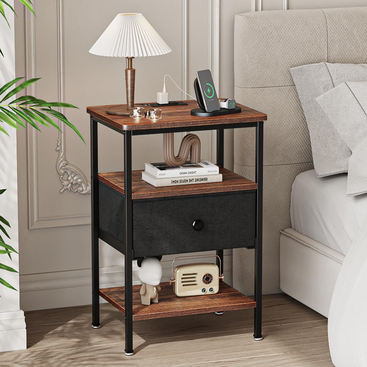 VECELO End Side Table, Modern Night Stand with Storage Space and Door, Set of 2 Nightstands for Living Room,Bedroom,Lounge,Antique Brown