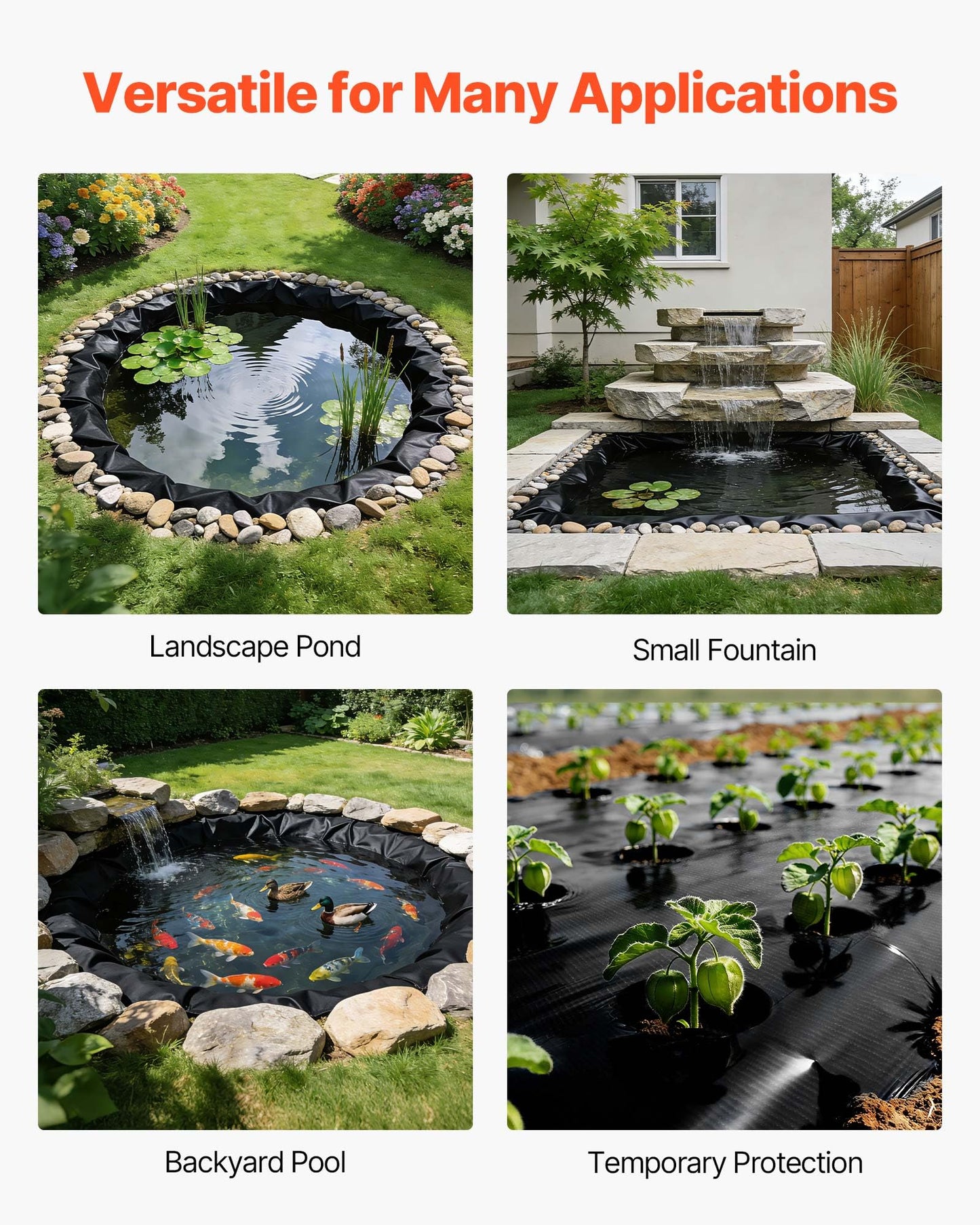 VEVOR 25 x 30 ft Pond Liner, 14 Mil Thickness, 3-Layer Reinforced PE Fish Koi Pond Liner for Outdoor Ponds, with Hemmed Edge and 4 Metal Buttonholes, for Water Garden, Waterfall, and Fountains, Black