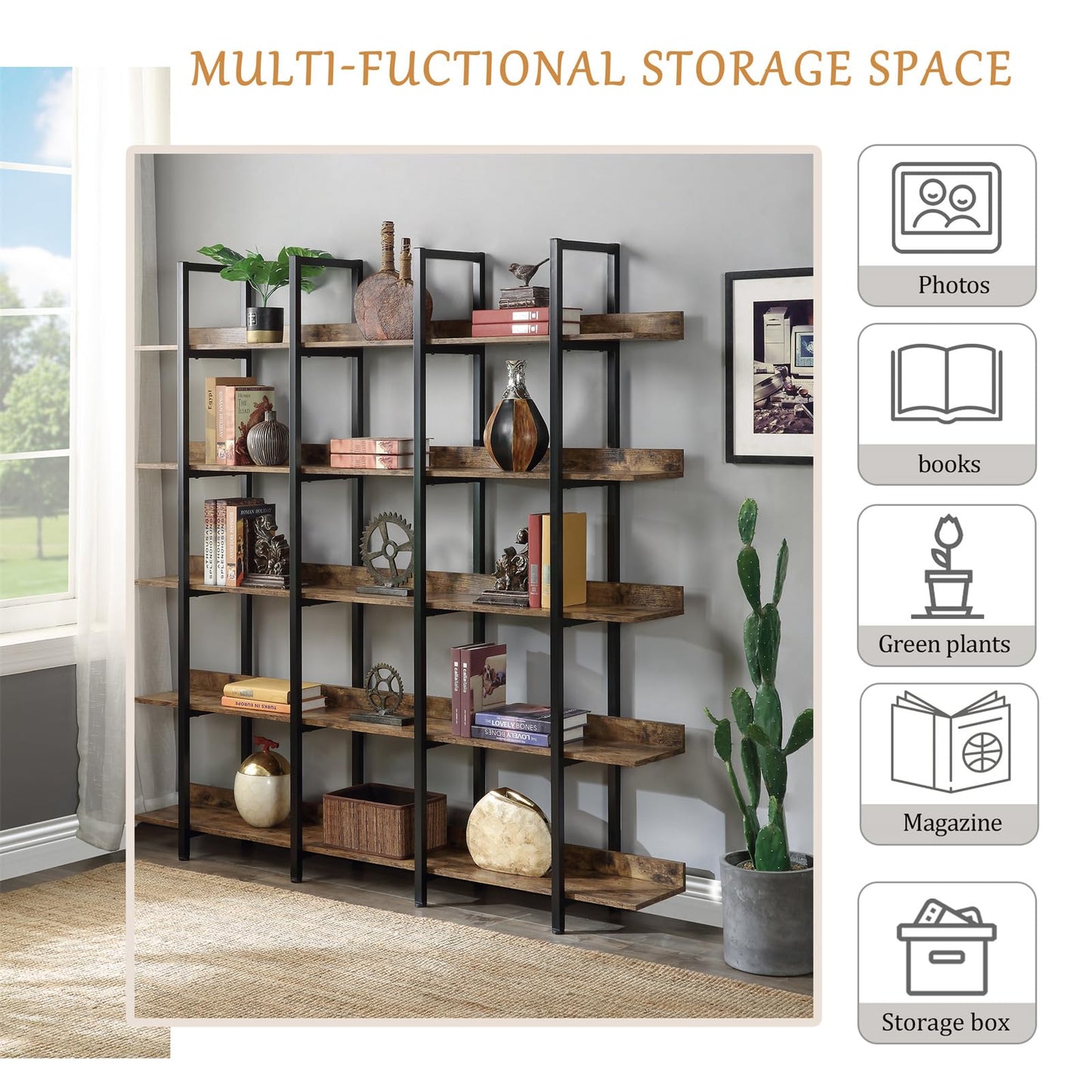 LKJYBG 5-Tier Bookcase with Metal Frame Vintage Open Bookshelf Industrial Style Book Case for Home Office Living Room Grey
