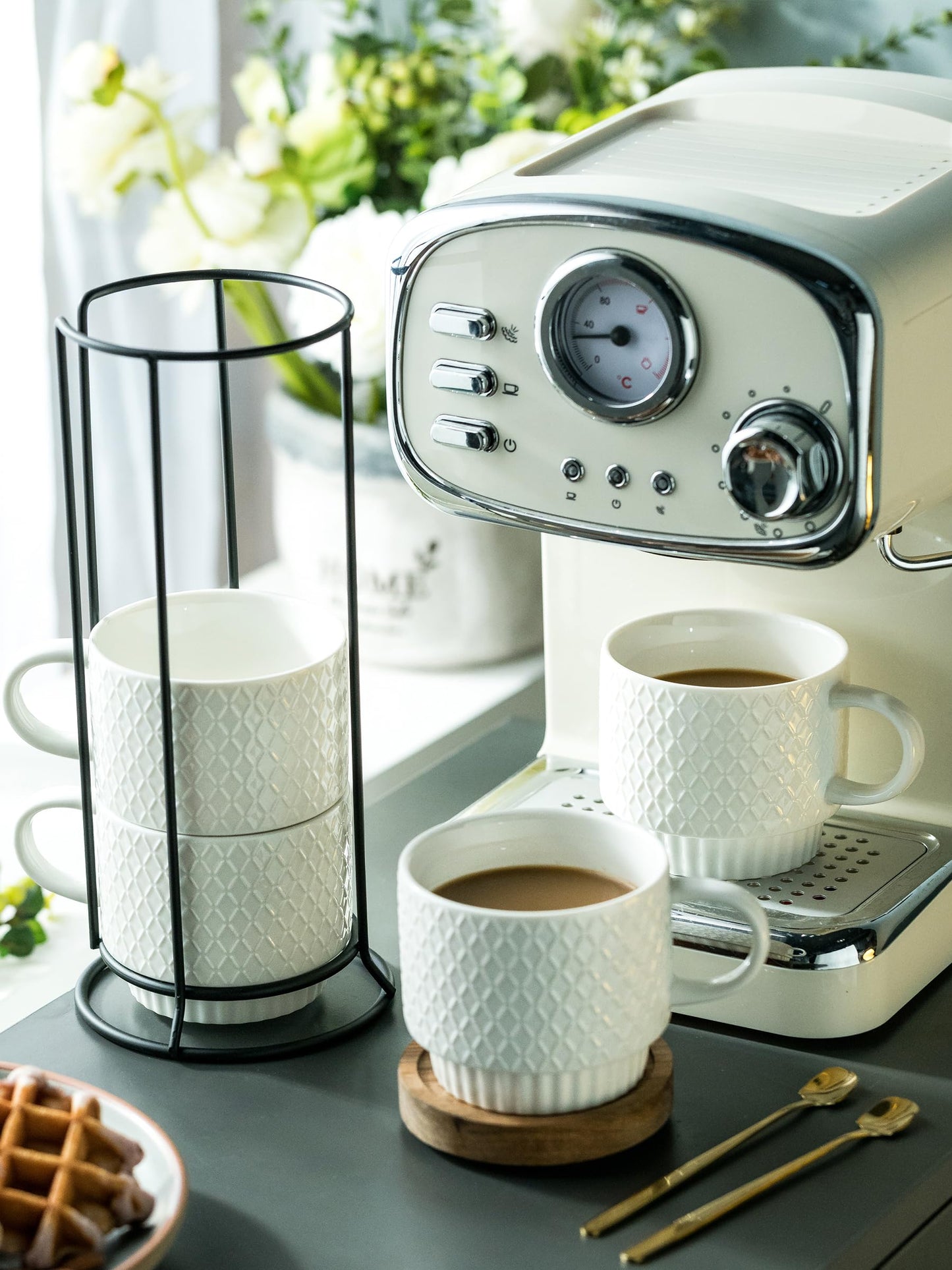 LYEOBOH Stackable Coffee Mugs with Rack, 13 oz Ceramic Coffee Mug Set of 4 with Stand, Latte Cup with Spoon, Cappuccino Cups for Hot Cocoa, Milk, White