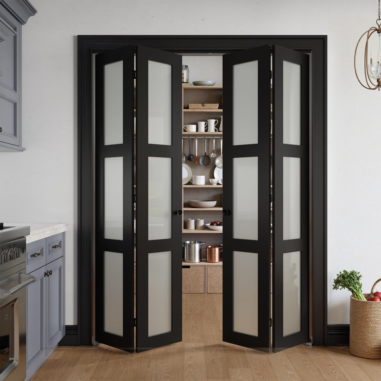 COSHOMER Bifold Doors for 60" x 80" Opening, 3-lite Tempered Frosted Glass Closet Folding Doors with Hardware kit Included, Easy Assembly, Black