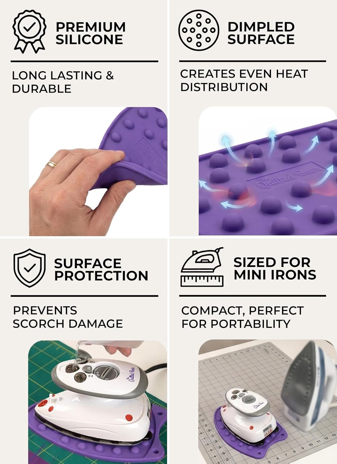 Quilted Bear Mini Iron Rest - Silicone Heat Resistant Mat for Crafting & Sewing - Durable Purple Surface